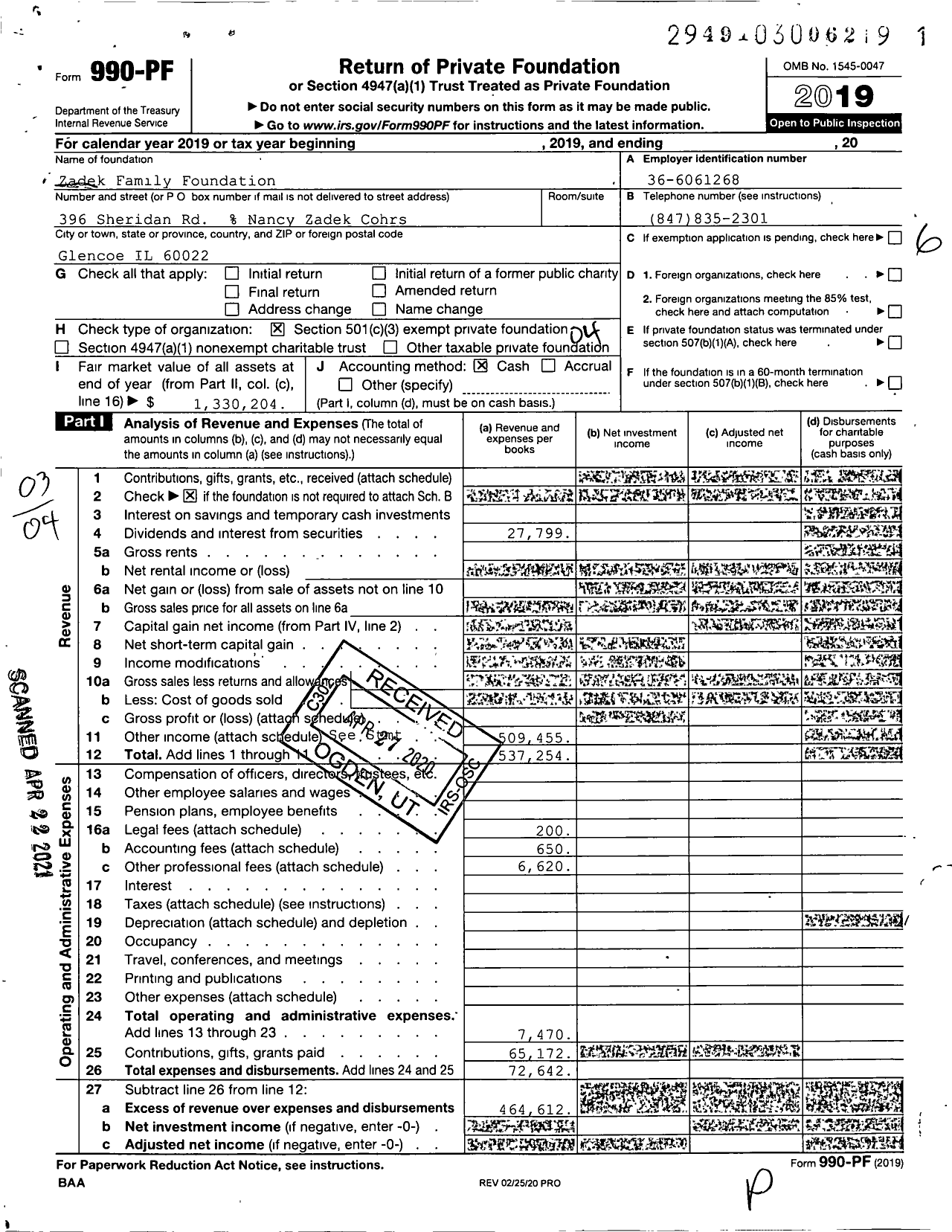 Image of first page of 2019 Form 990PF for Zadek Family Foundation