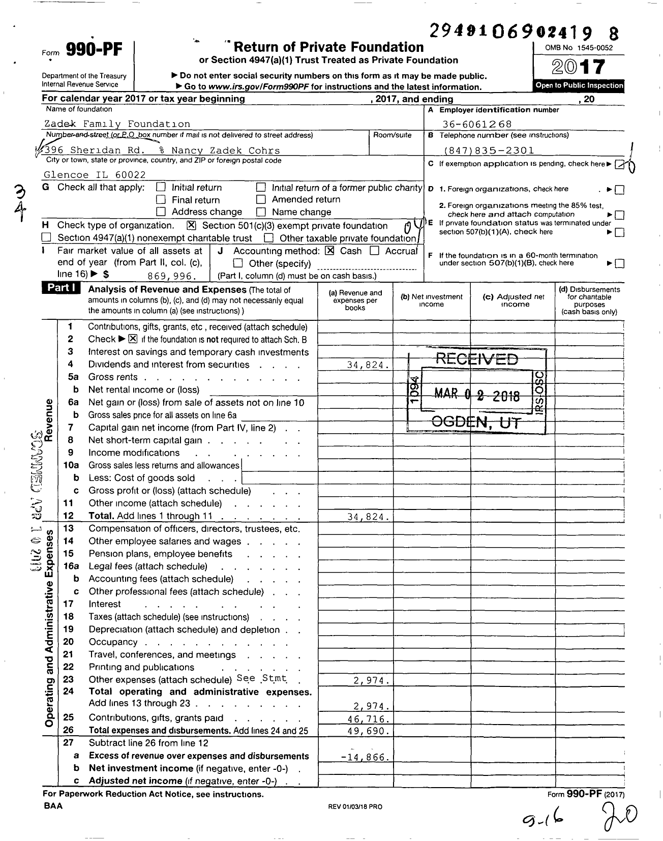 Image of first page of 2017 Form 990PF for Zadek Family Foundation