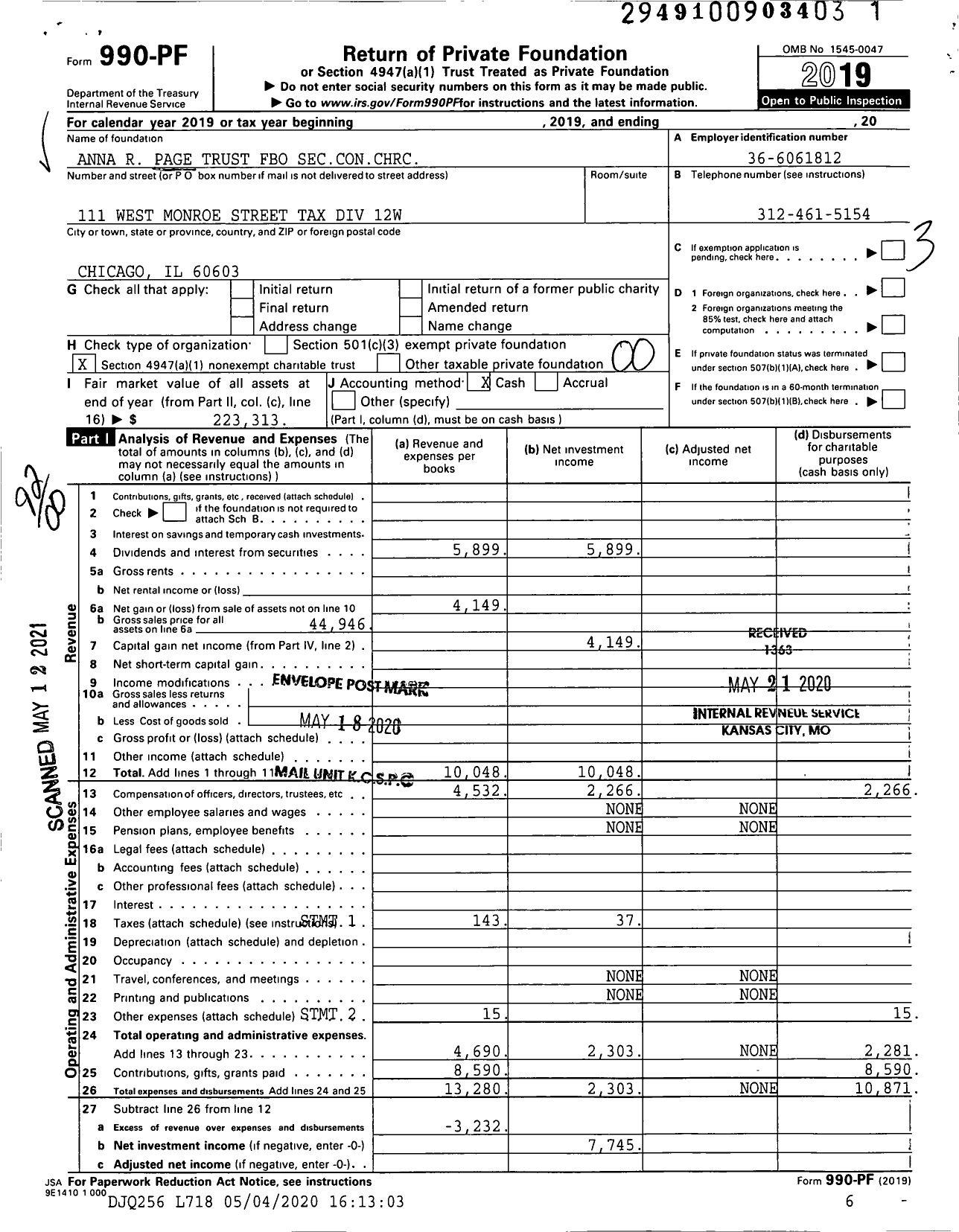 Image of first page of 2019 Form 990PF for Anna R Page Trust Fbo Secconchrc