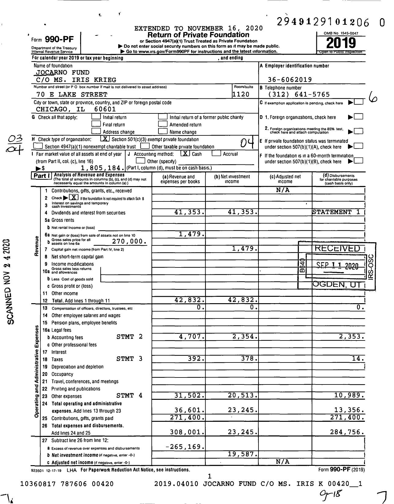 Image of first page of 2019 Form 990PF for Jocarno Fund