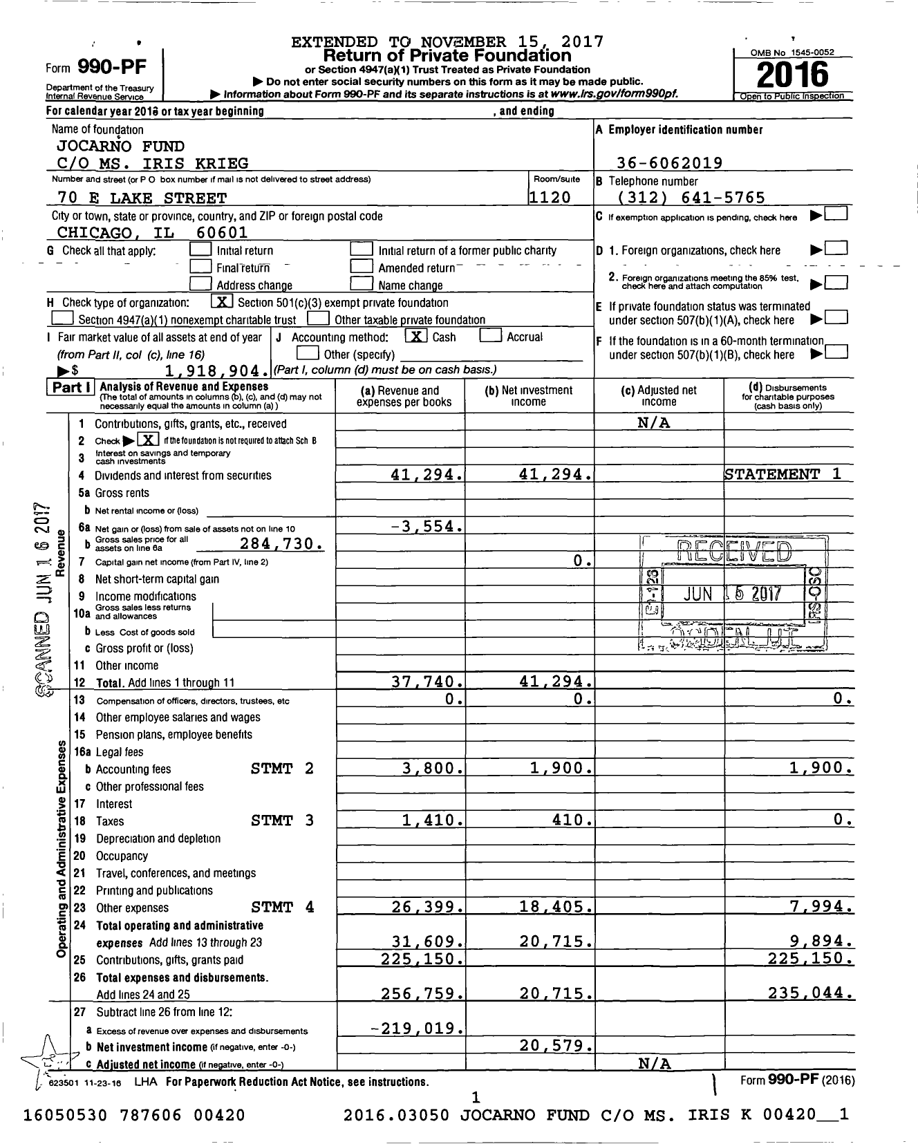 Image of first page of 2016 Form 990PF for Jocarno Fund