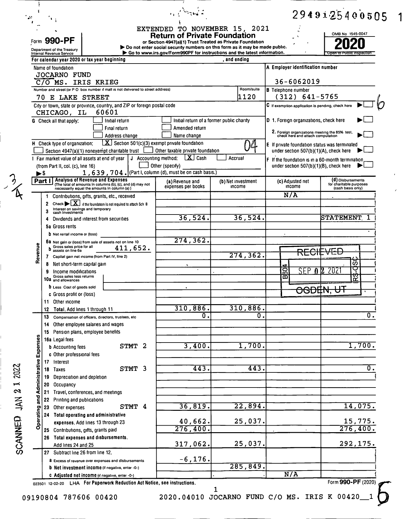 Image of first page of 2020 Form 990PF for Jocarno Fund