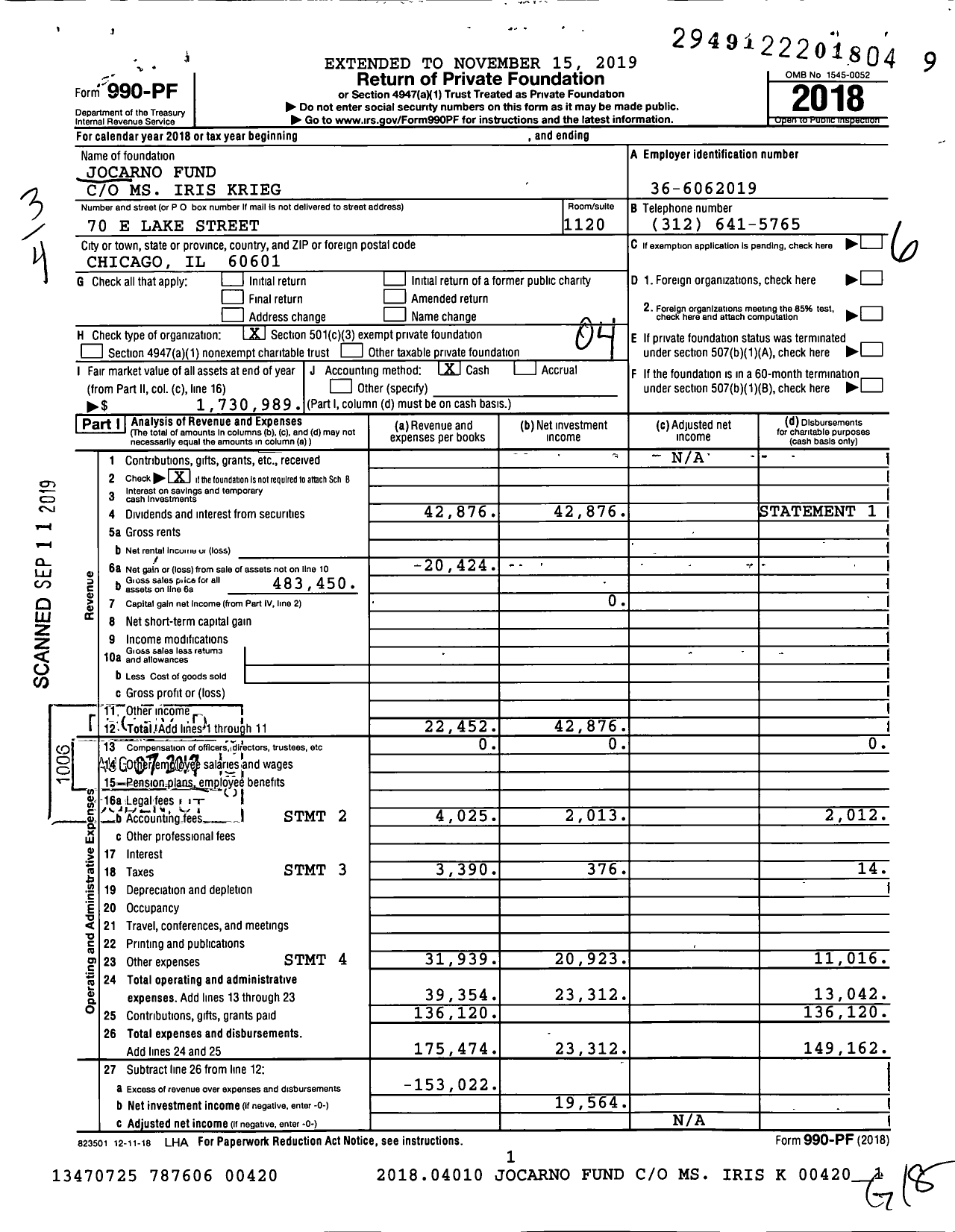 Image of first page of 2018 Form 990PF for Jocarno Fund