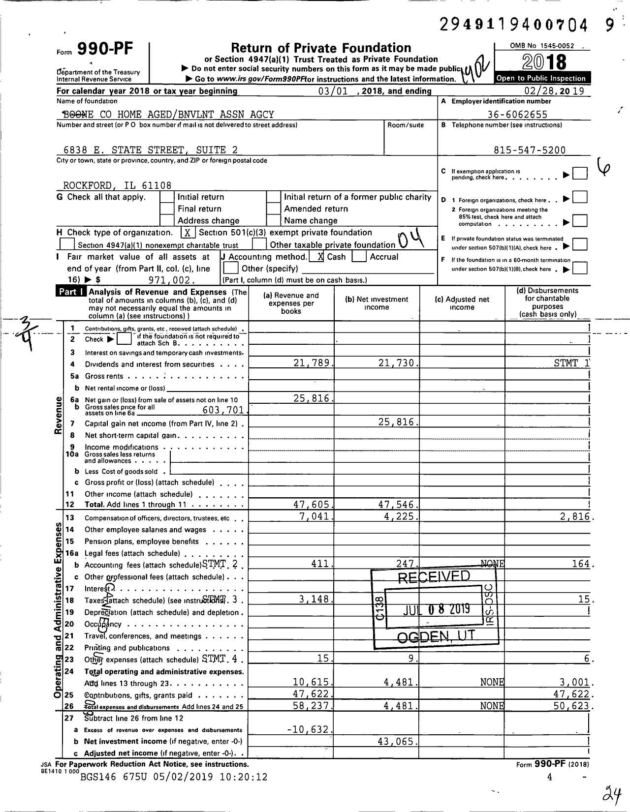 Image of first page of 2018 Form 990PF for Boone Home Agedbnvlnt Association Agcy