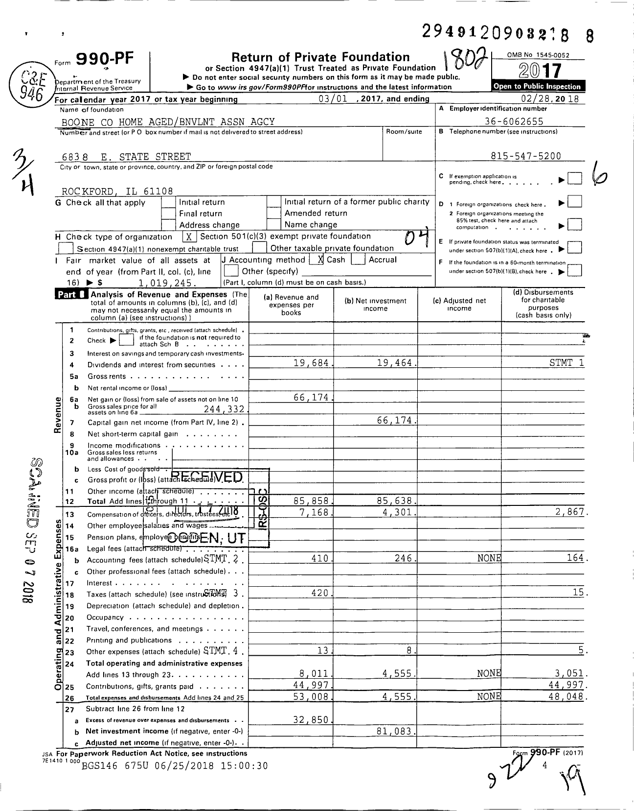 Image of first page of 2017 Form 990PF for Boone Home Agedbnvlnt Association Agcy