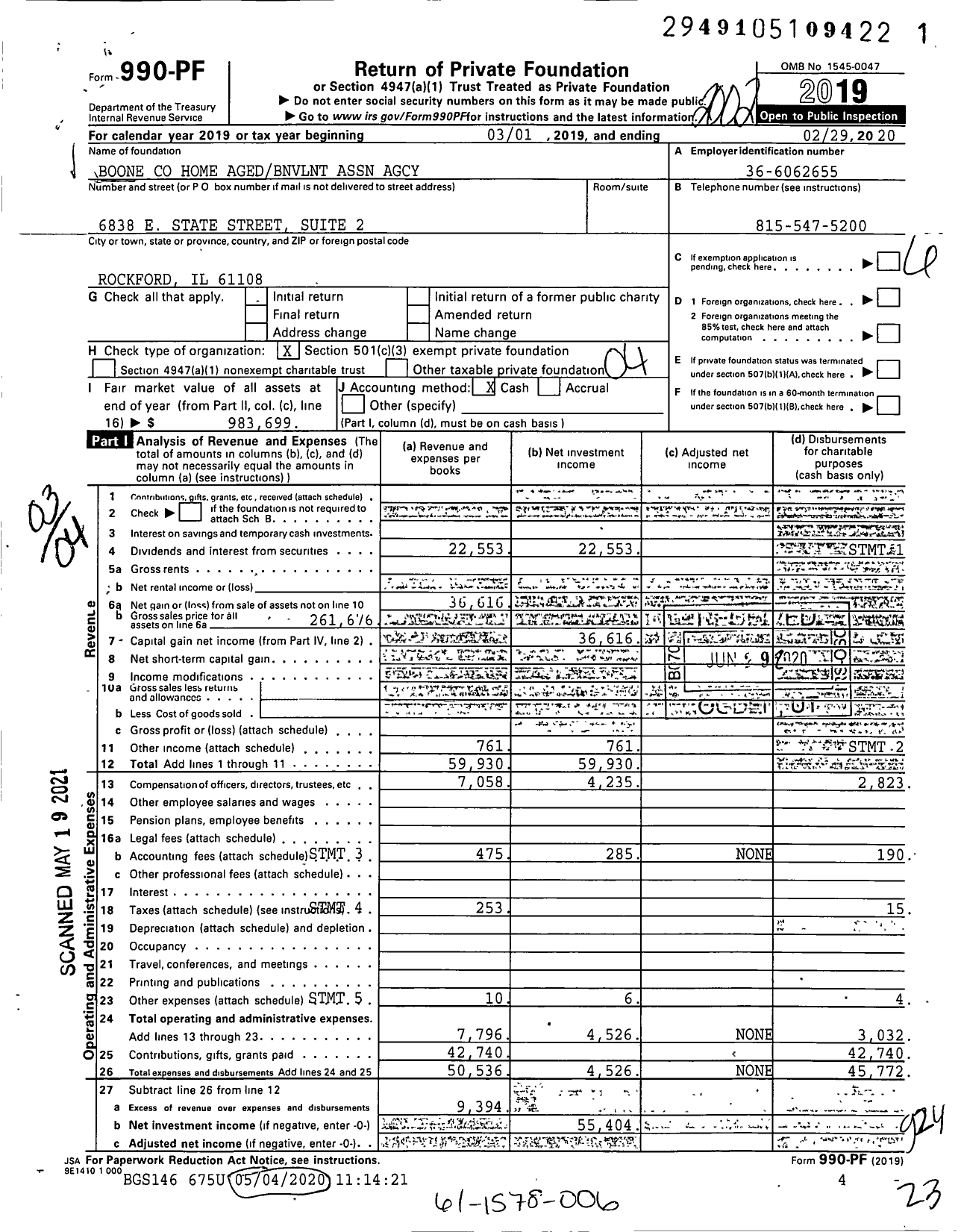 Image of first page of 2019 Form 990PF for Boone Home Agedbnvlnt Association Agcy