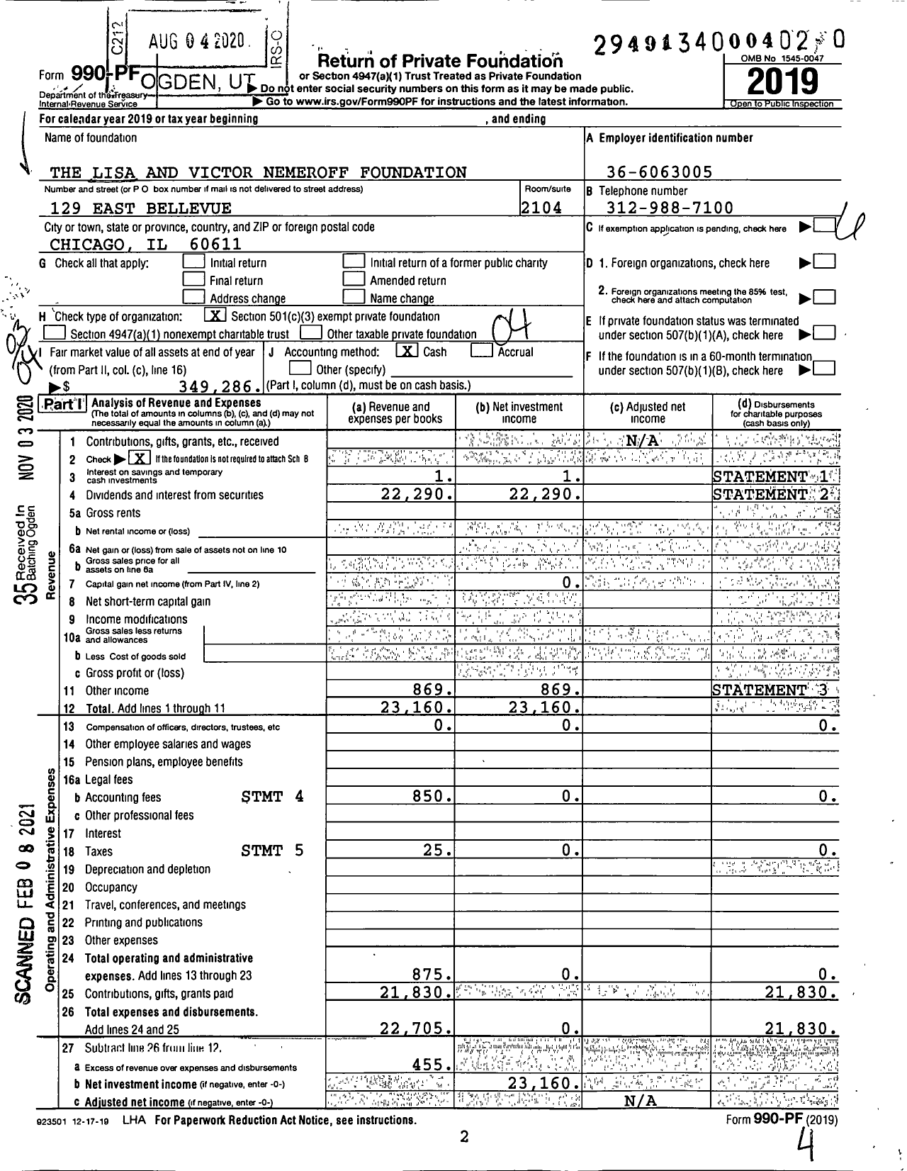 Image of first page of 2019 Form 990PF for The Lisa and Victor Nemeroff Foundation