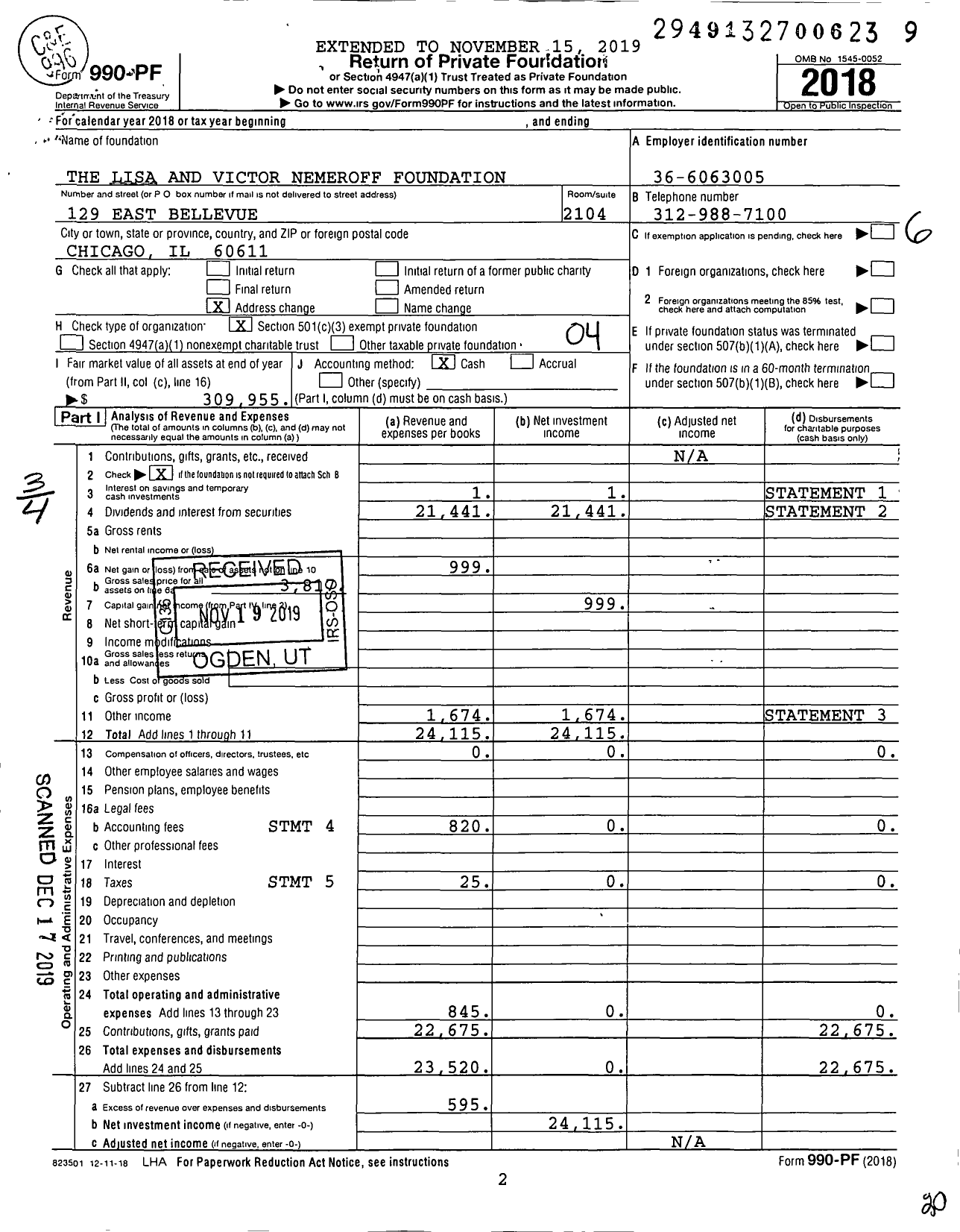 Image of first page of 2018 Form 990PF for The Lisa and Victor Nemeroff Foundation