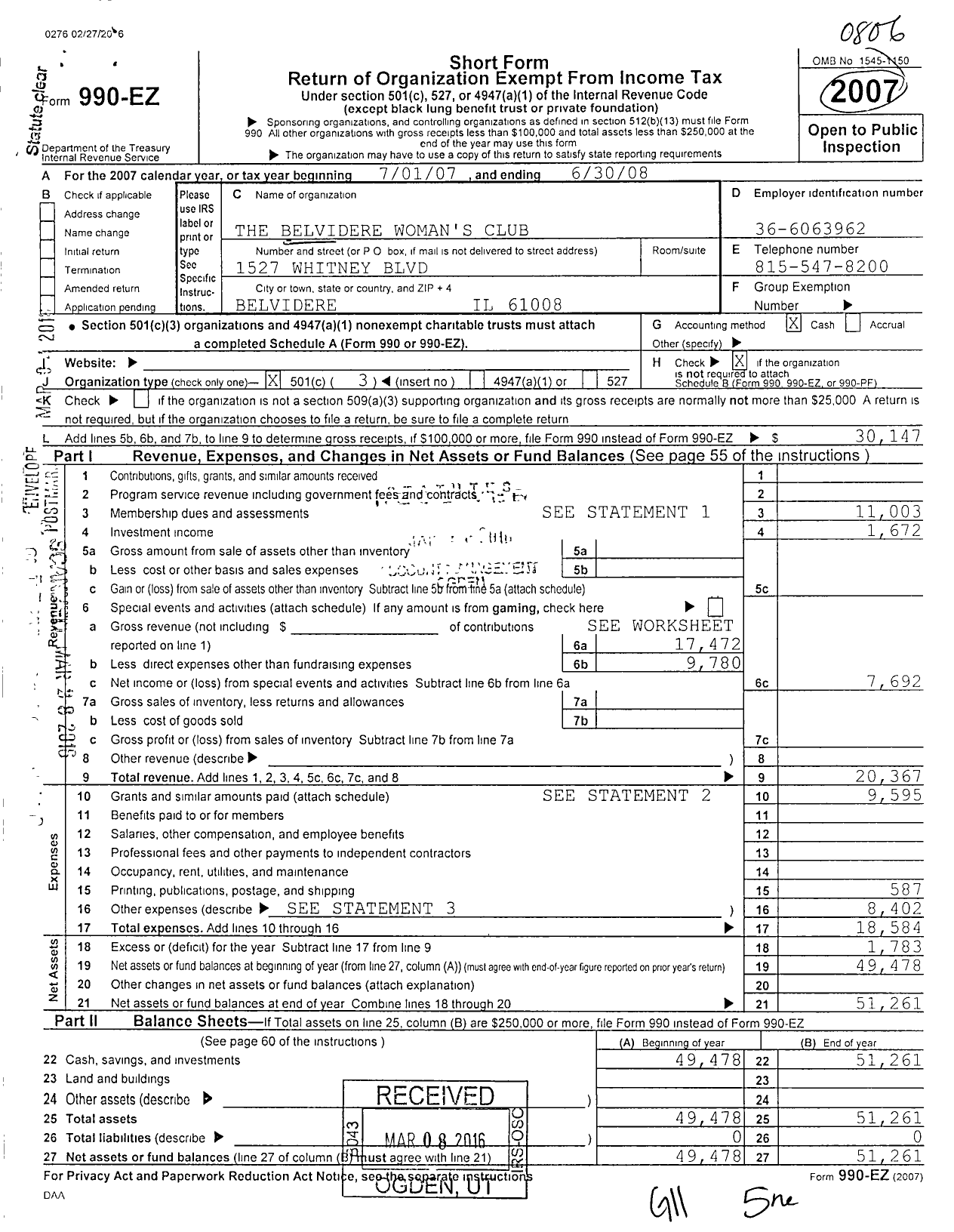 Image of first page of 2007 Form 990EZ for Belvidere Federated Womans Club