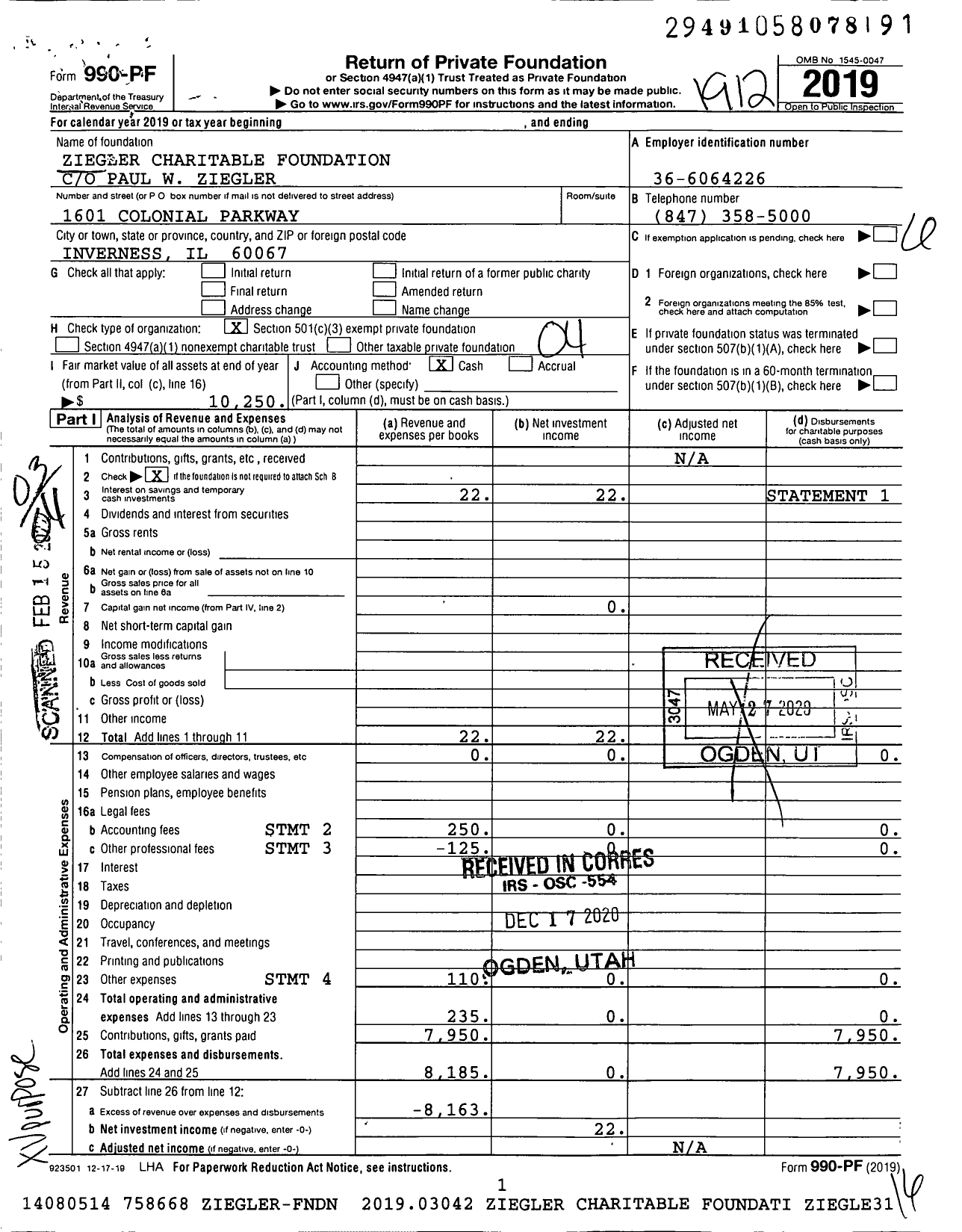 Image of first page of 2019 Form 990PF for Ziegler Charitable Foundation