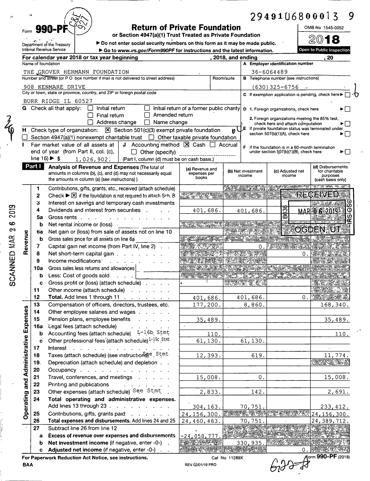 Image of first page of 2018 Form 990PF for Grover Hermann Foundation