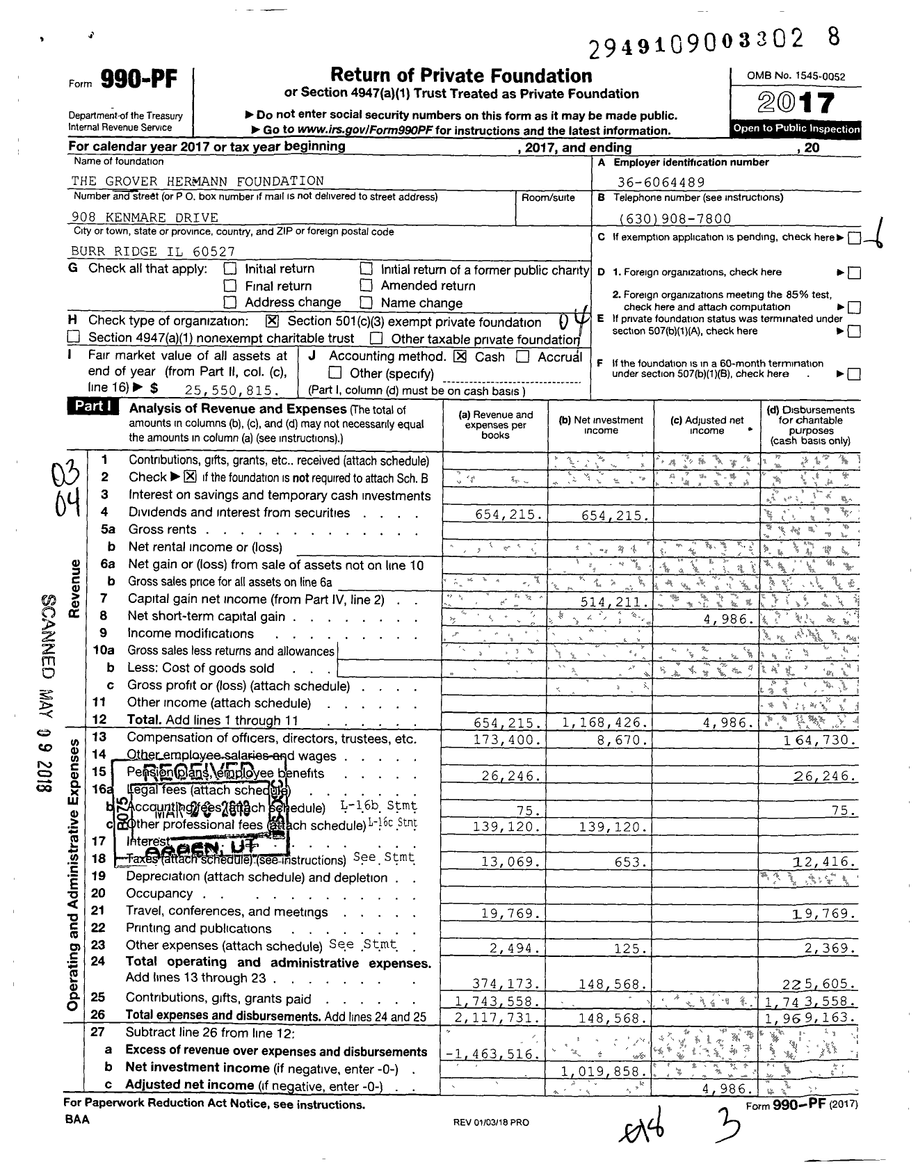 Image of first page of 2017 Form 990PF for Grover Hermann Foundation
