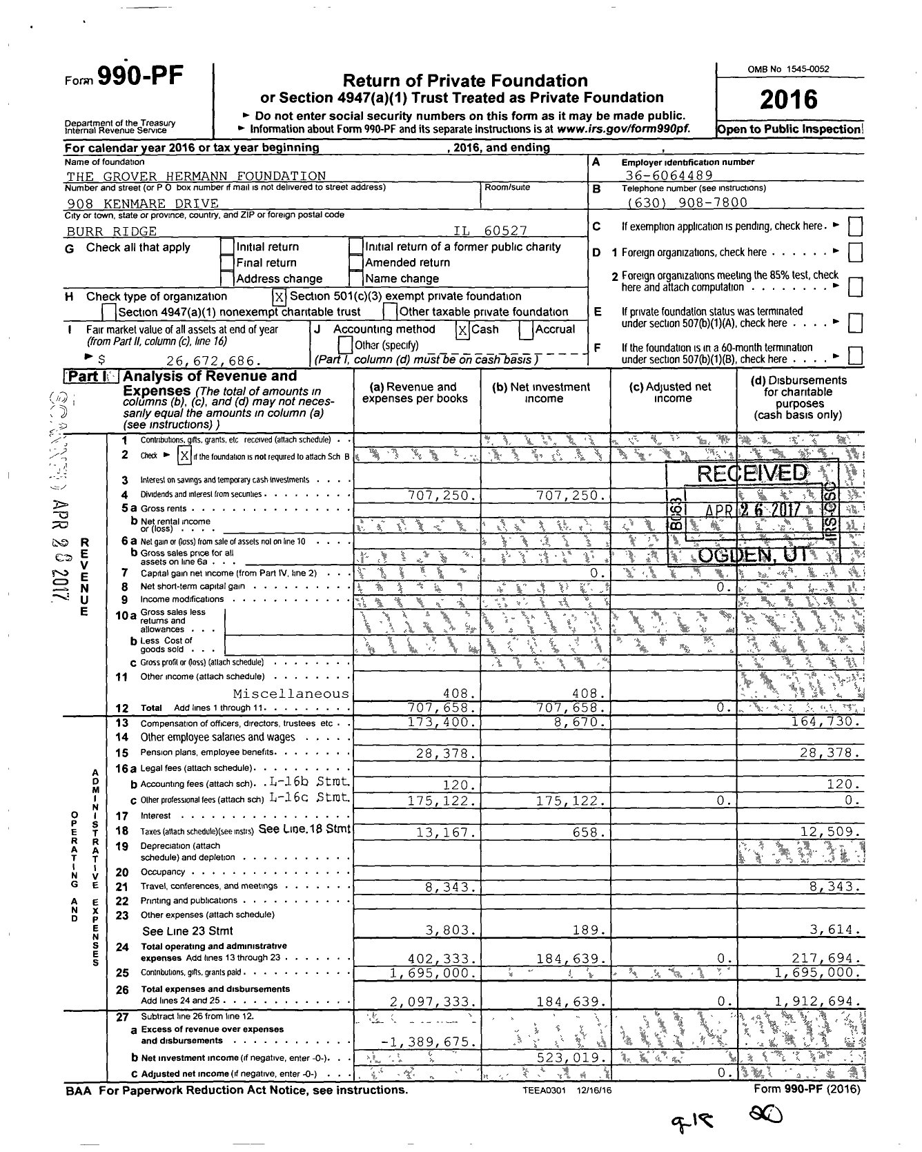 Image of first page of 2016 Form 990PF for Grover Hermann Foundation