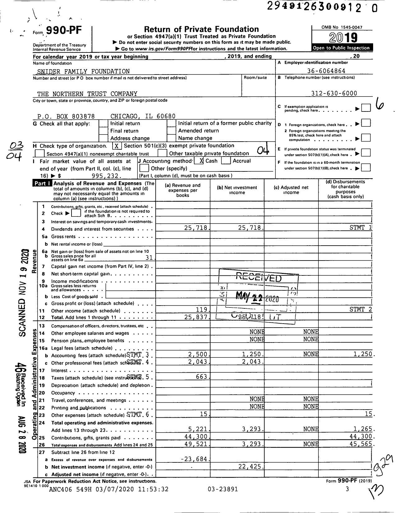 Image of first page of 2019 Form 990PF for Snider Family Foundation