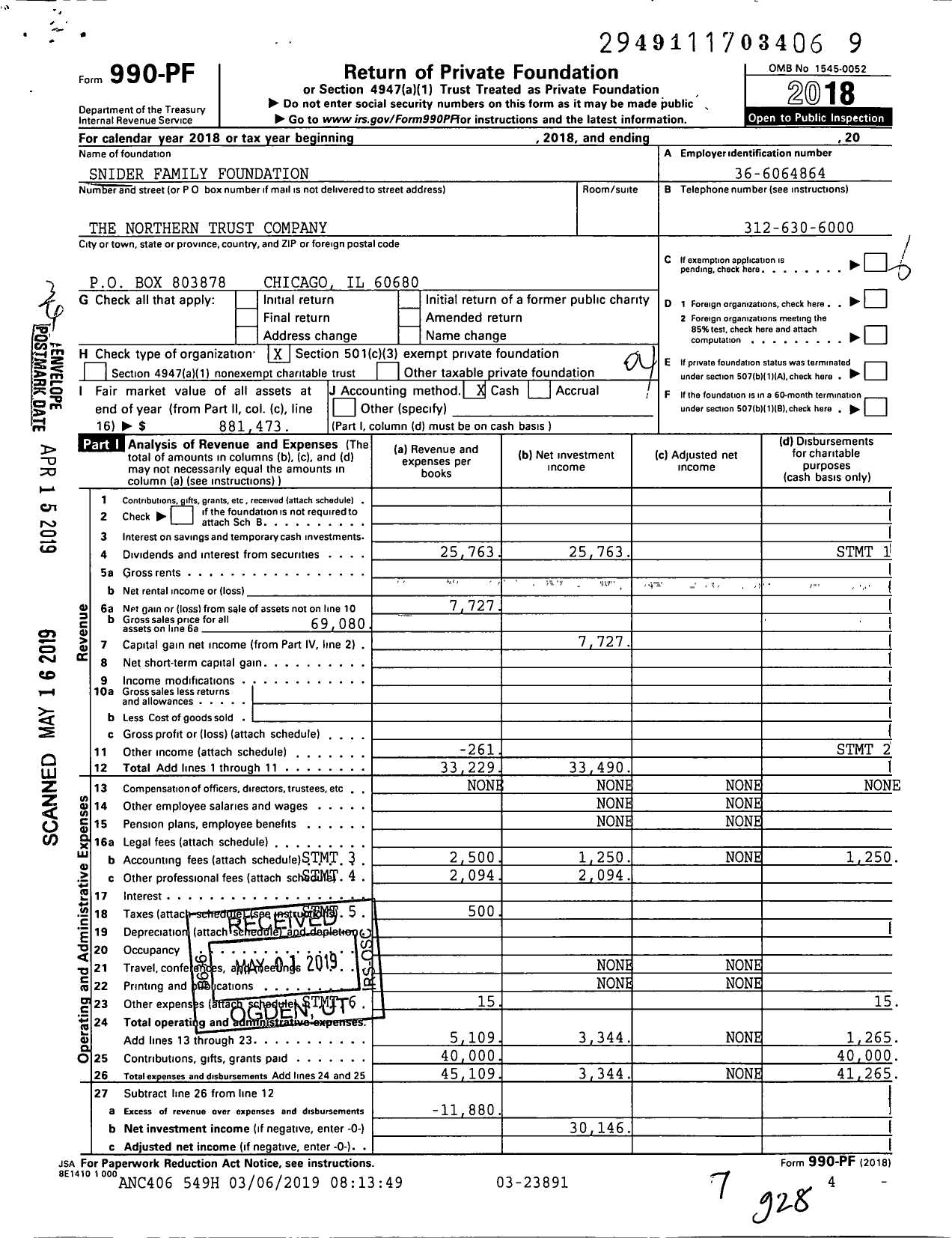 Image of first page of 2018 Form 990PF for Snider Family Foundation