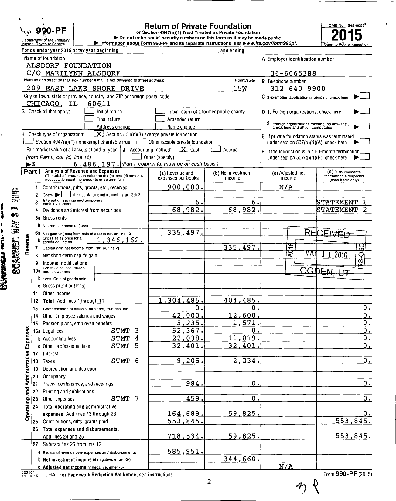 Image of first page of 2015 Form 990PF for Alsdorf Foundation
