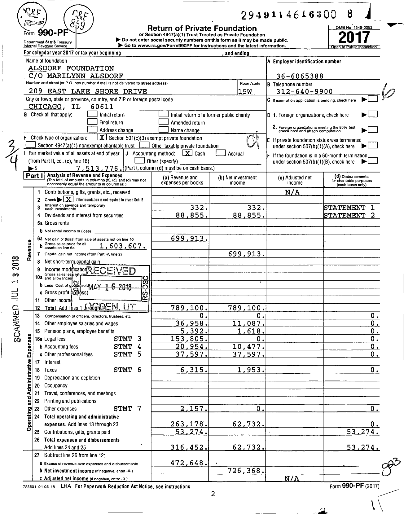 Image of first page of 2017 Form 990PF for Alsdorf Foundation