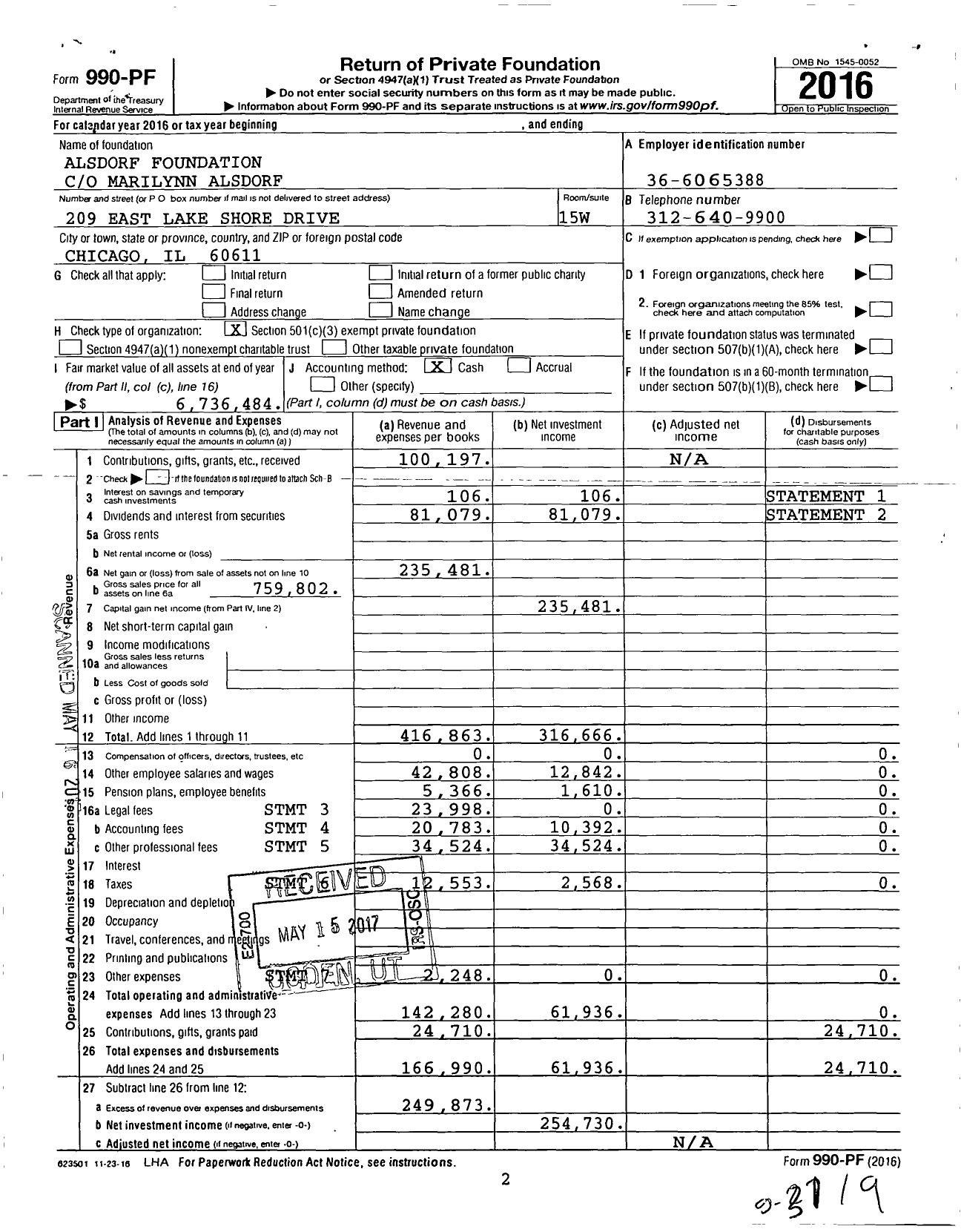 Image of first page of 2016 Form 990PF for Alsdorf Foundation