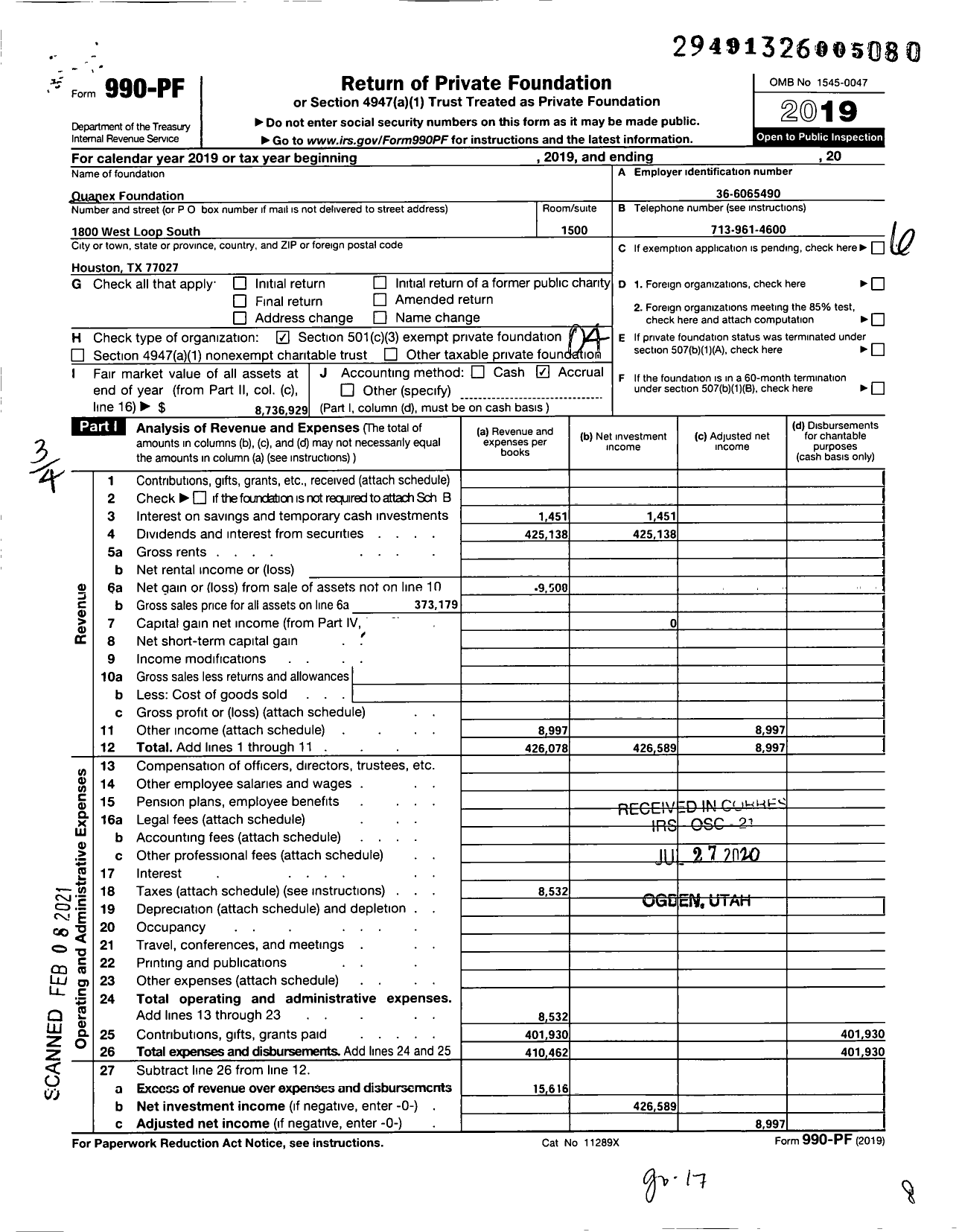 Image of first page of 2019 Form 990PF for Quanex Foundation