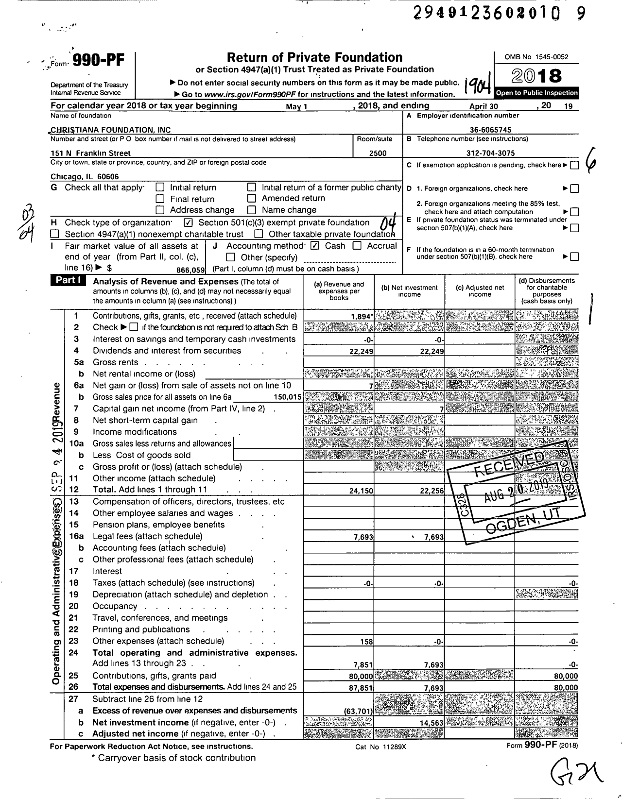 Image of first page of 2018 Form 990PF for Christiana Foundation