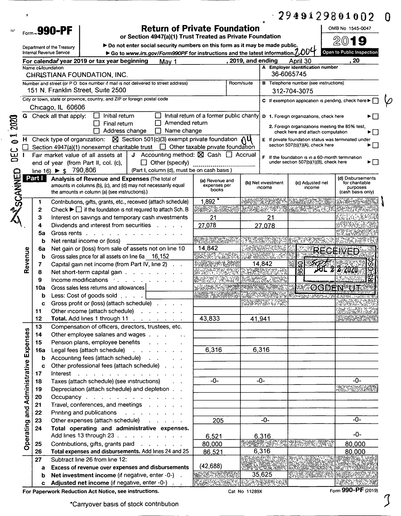 Image of first page of 2019 Form 990PF for Christiana Foundation