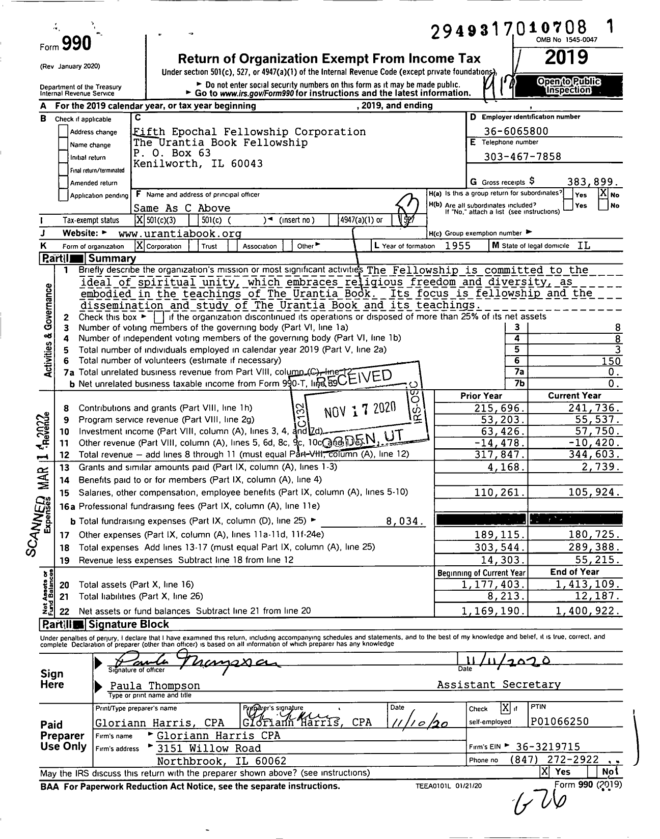 Image of first page of 2019 Form 990 for Fifth Epochal Fellowship Corporation The Urantia Book Fellowship