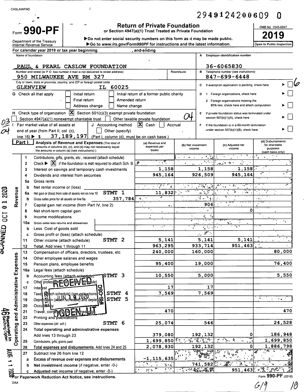 Image of first page of 2019 Form 990PR for Paul and Pearl Caslow Foundation