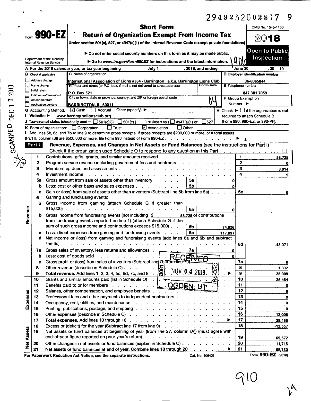 Image of first page of 2018 Form 990EO for Lions CLUBS - Barrington Lions Club