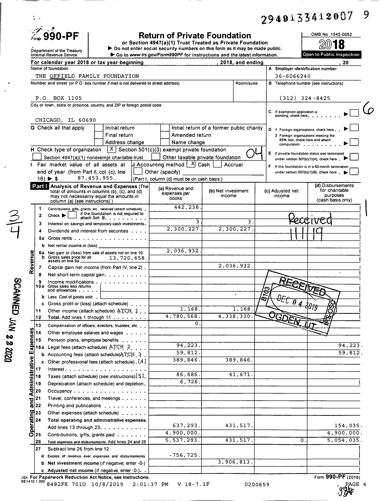 Image of first page of 2018 Form 990PF for Offield Family Foundation