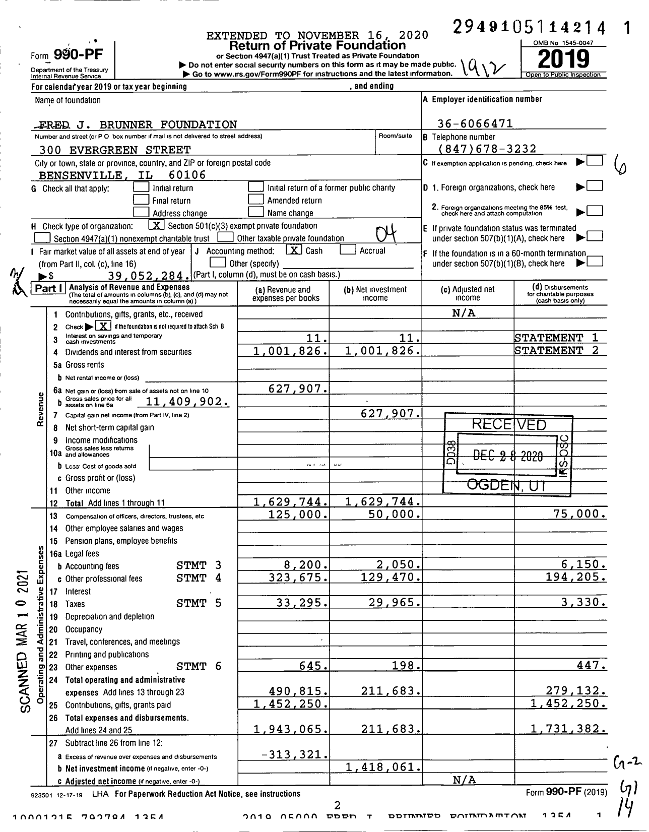Image of first page of 2019 Form 990PF for Fred J. Brunner Foundation