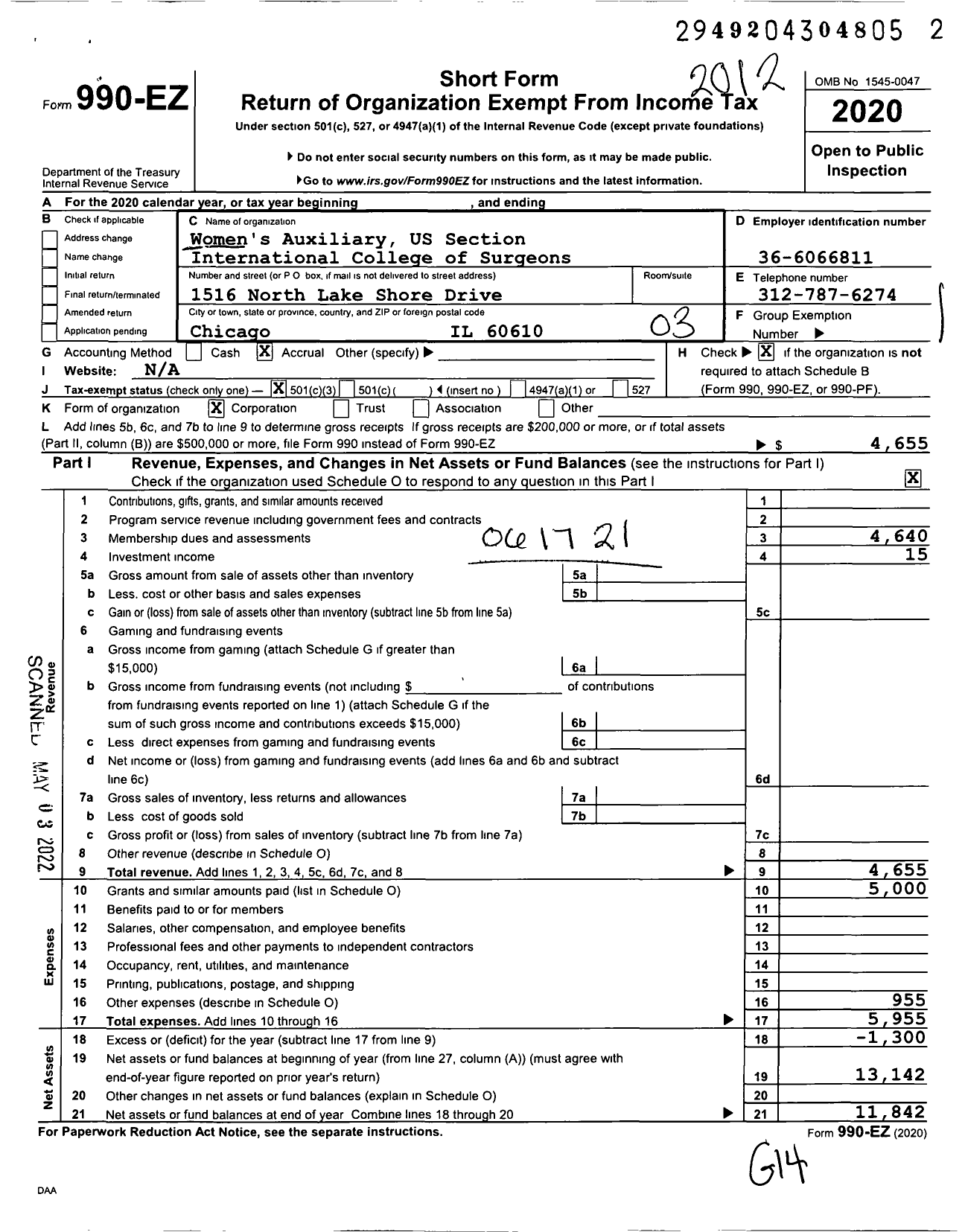 Image of first page of 2020 Form 990EZ for International College of Surgeons Womans Auxiliary