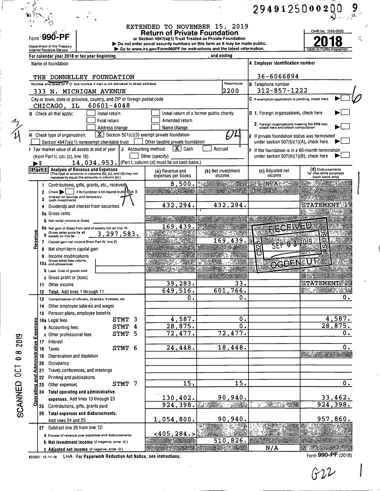 Image of first page of 2018 Form 990PF for The Donnelley Foundation