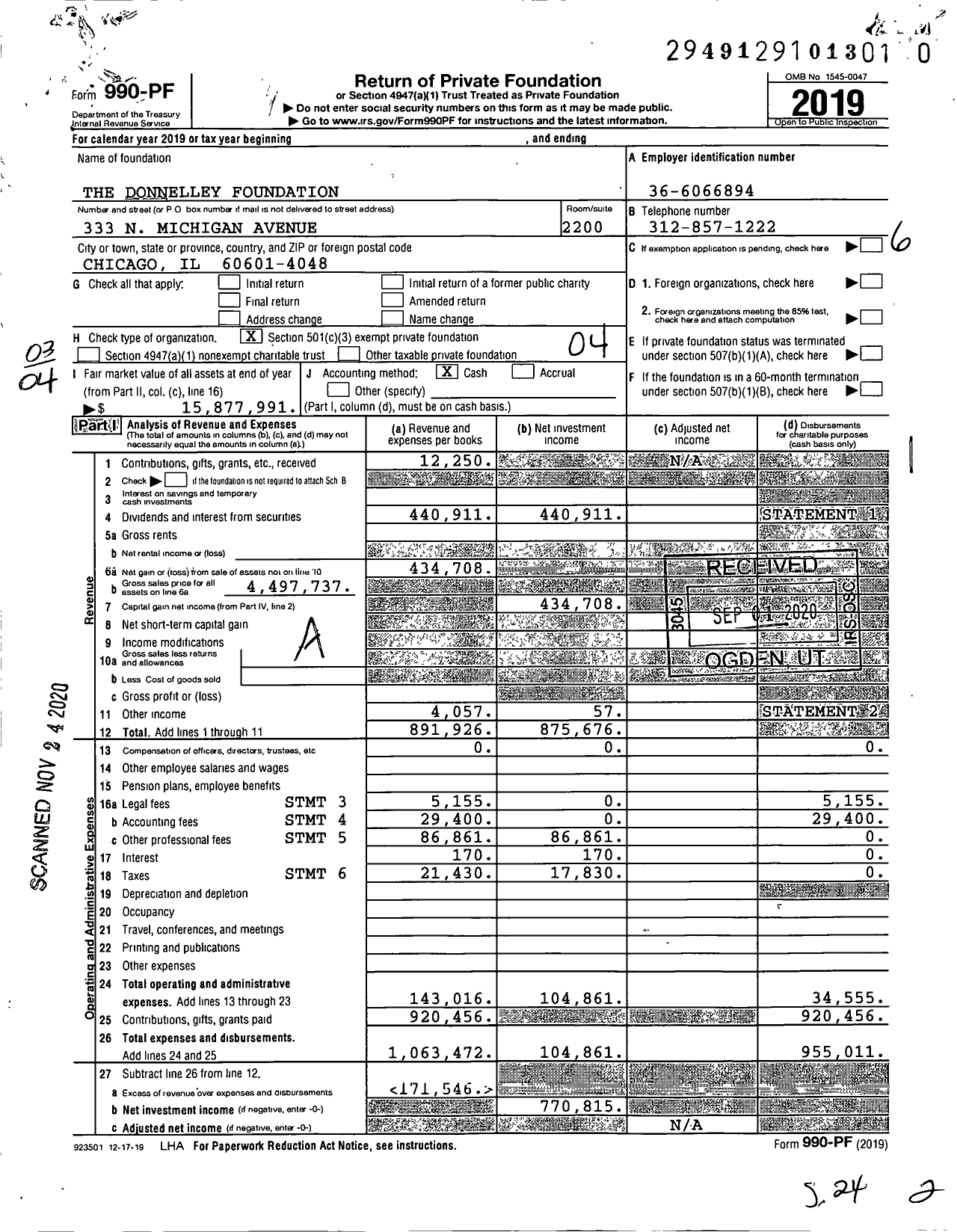 Image of first page of 2019 Form 990PF for The Donnelley Foundation