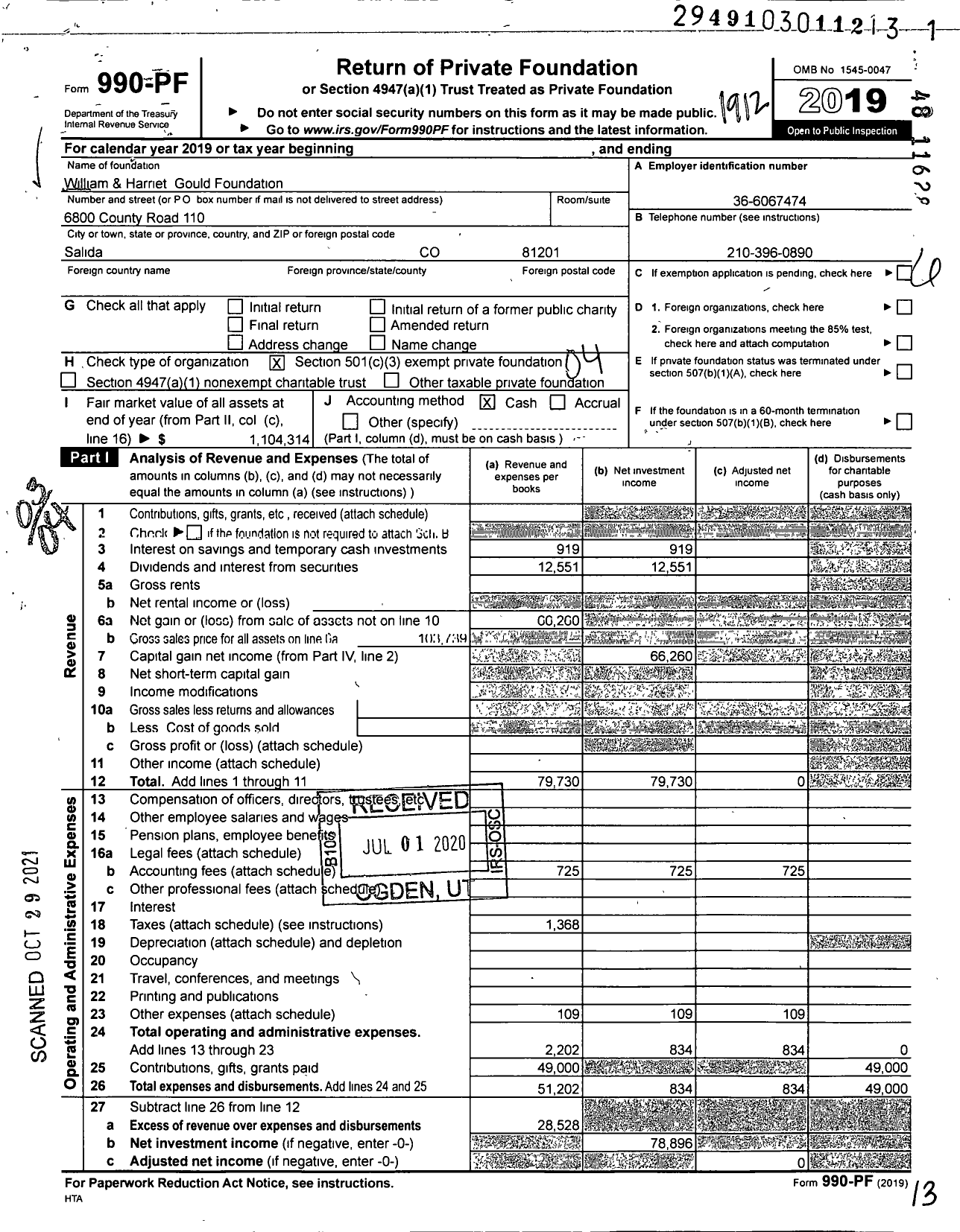 Image of first page of 2019 Form 990PF for William & Harriet Gould Foundation