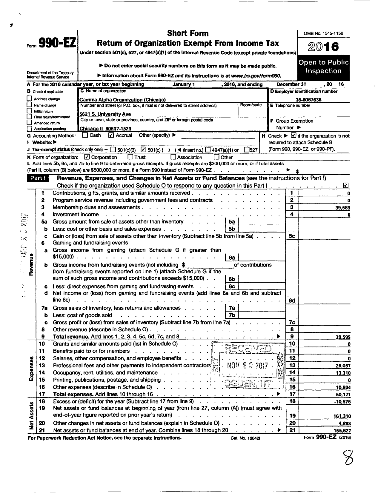 Image of first page of 2016 Form 990EO for Gamma Alpha Organization of Chicago