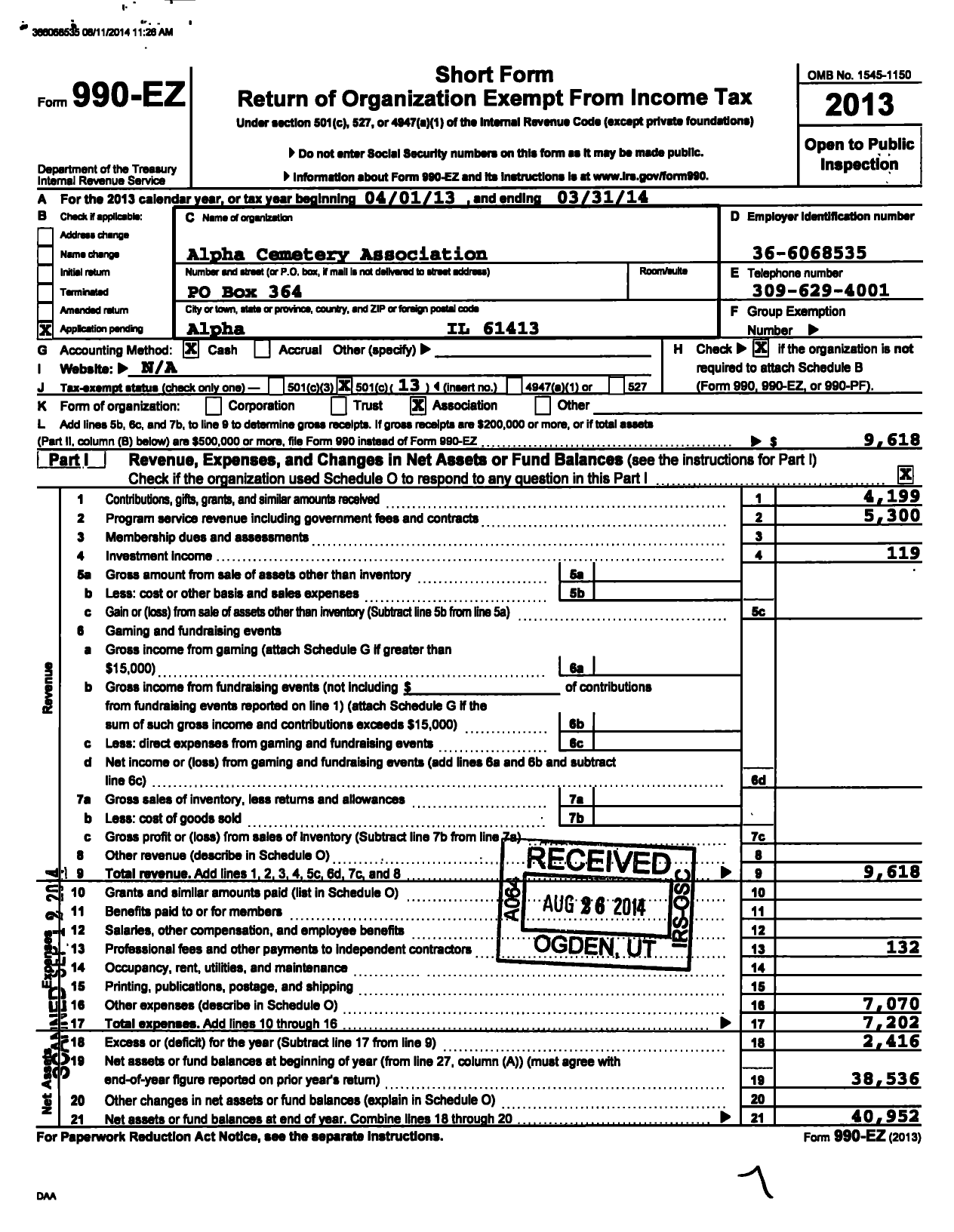 Image of first page of 2013 Form 990EO for Alpha Cemetery Association