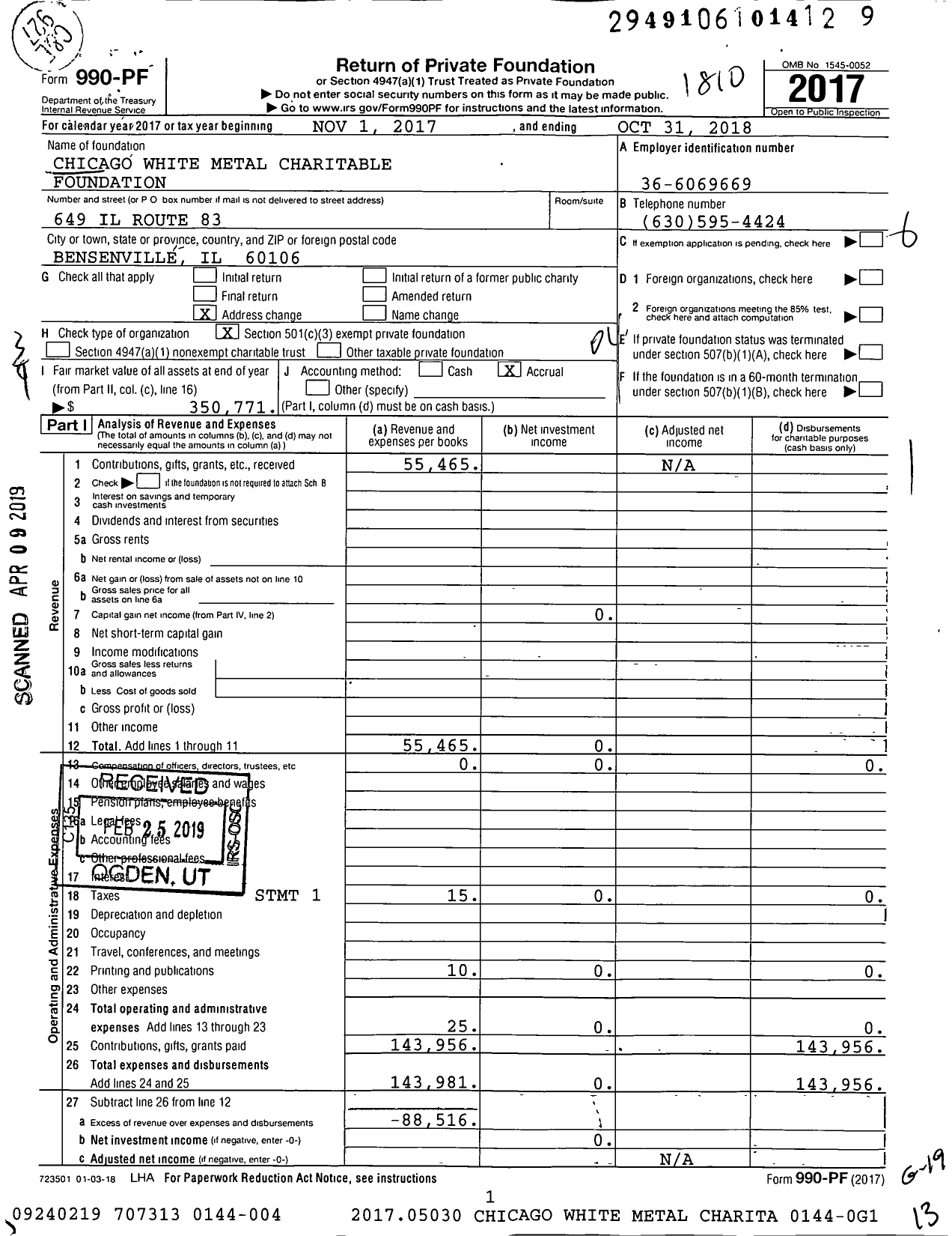 Image of first page of 2017 Form 990PF for Chicago White Metal Charitable Foundation