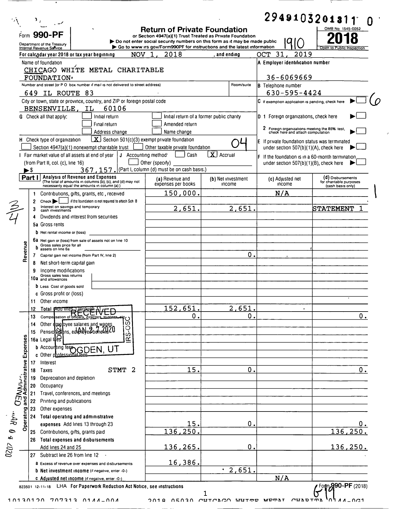 Image of first page of 2018 Form 990PR for Chicago White Metal Charitable Foundation