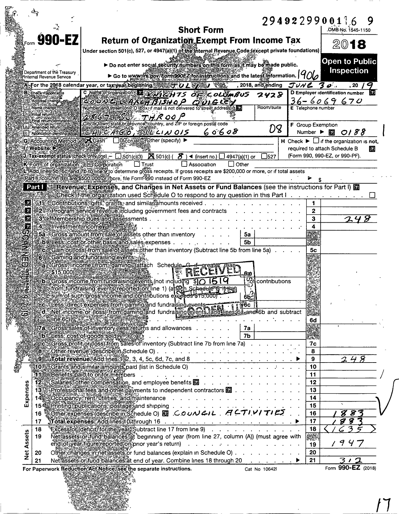 Image of first page of 2018 Form 990EO for Knights of Columbus - 2428 Arch Bishop Quigley Council