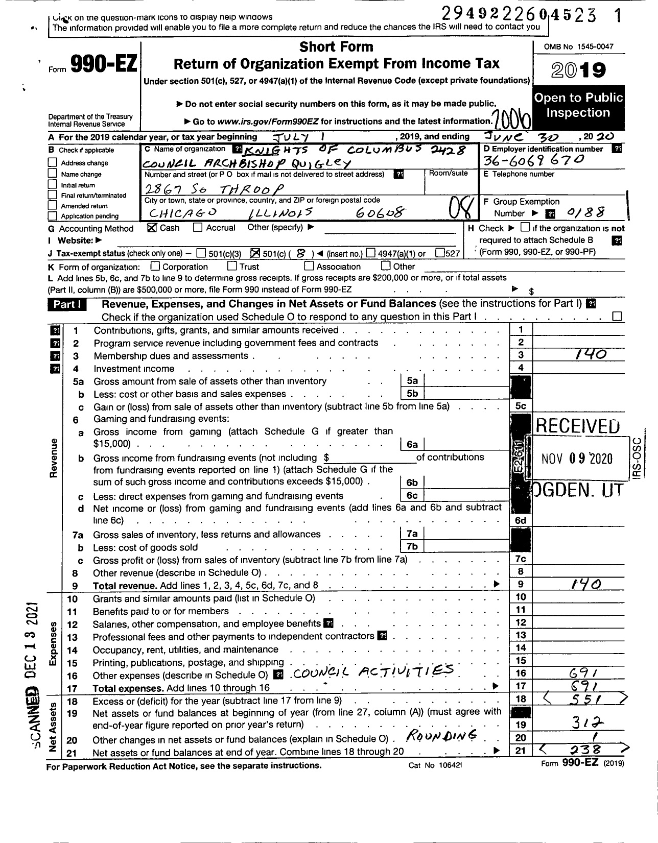 Image of first page of 2019 Form 990EO for Knights of Columbus - 2428 Arch Bishop Quigley Council