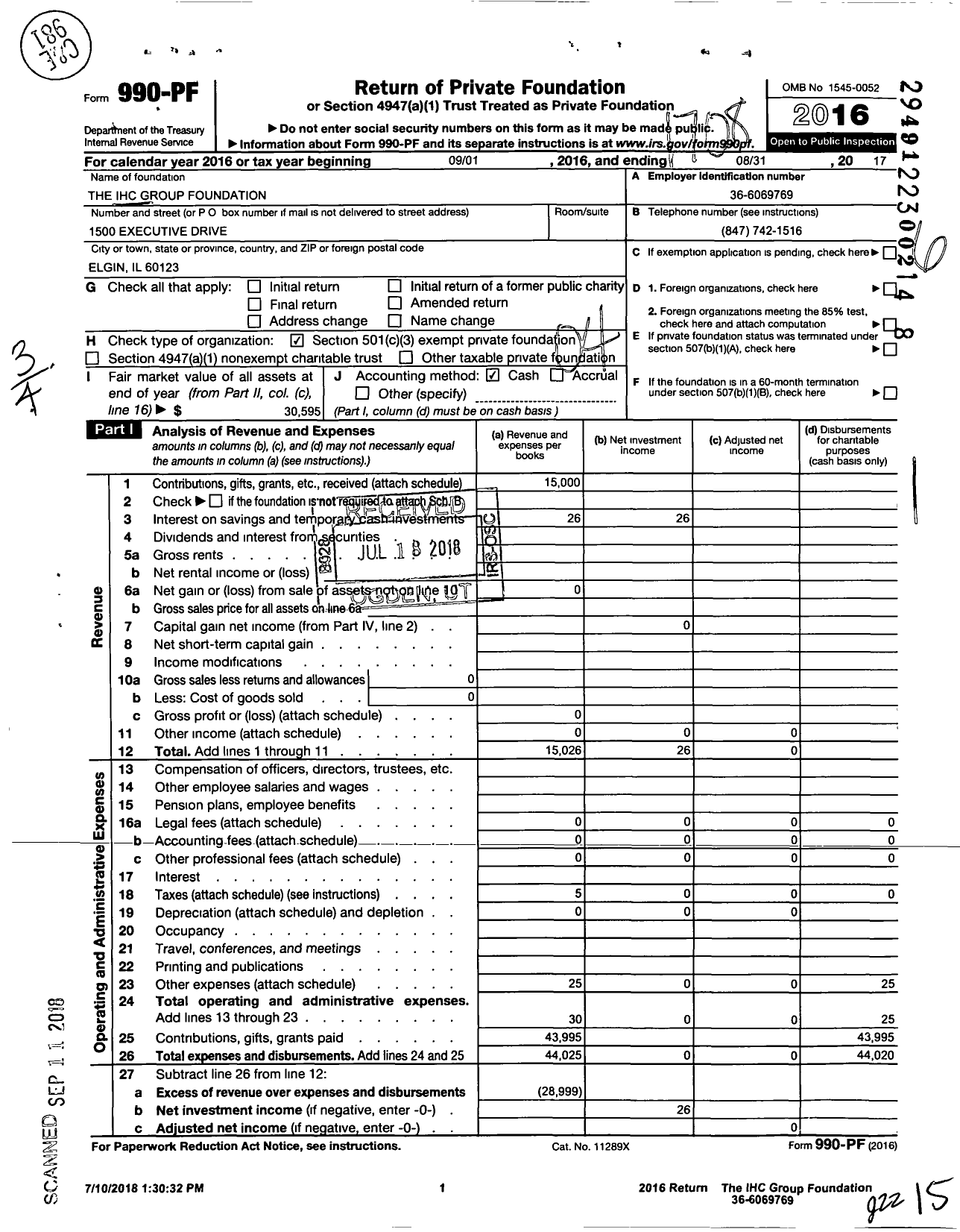 Image of first page of 2016 Form 990PF for The IHC Group Foundation