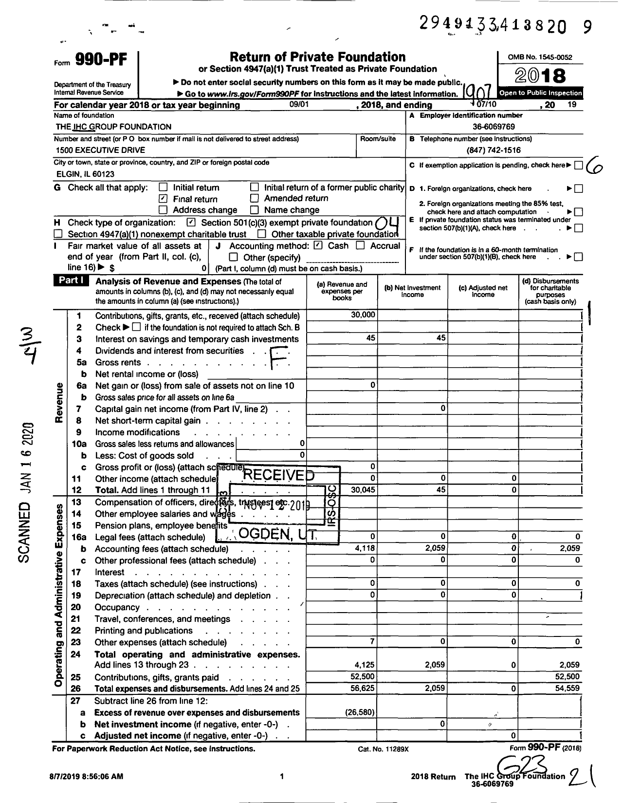 Image of first page of 2018 Form 990PF for The IHC Group Foundation