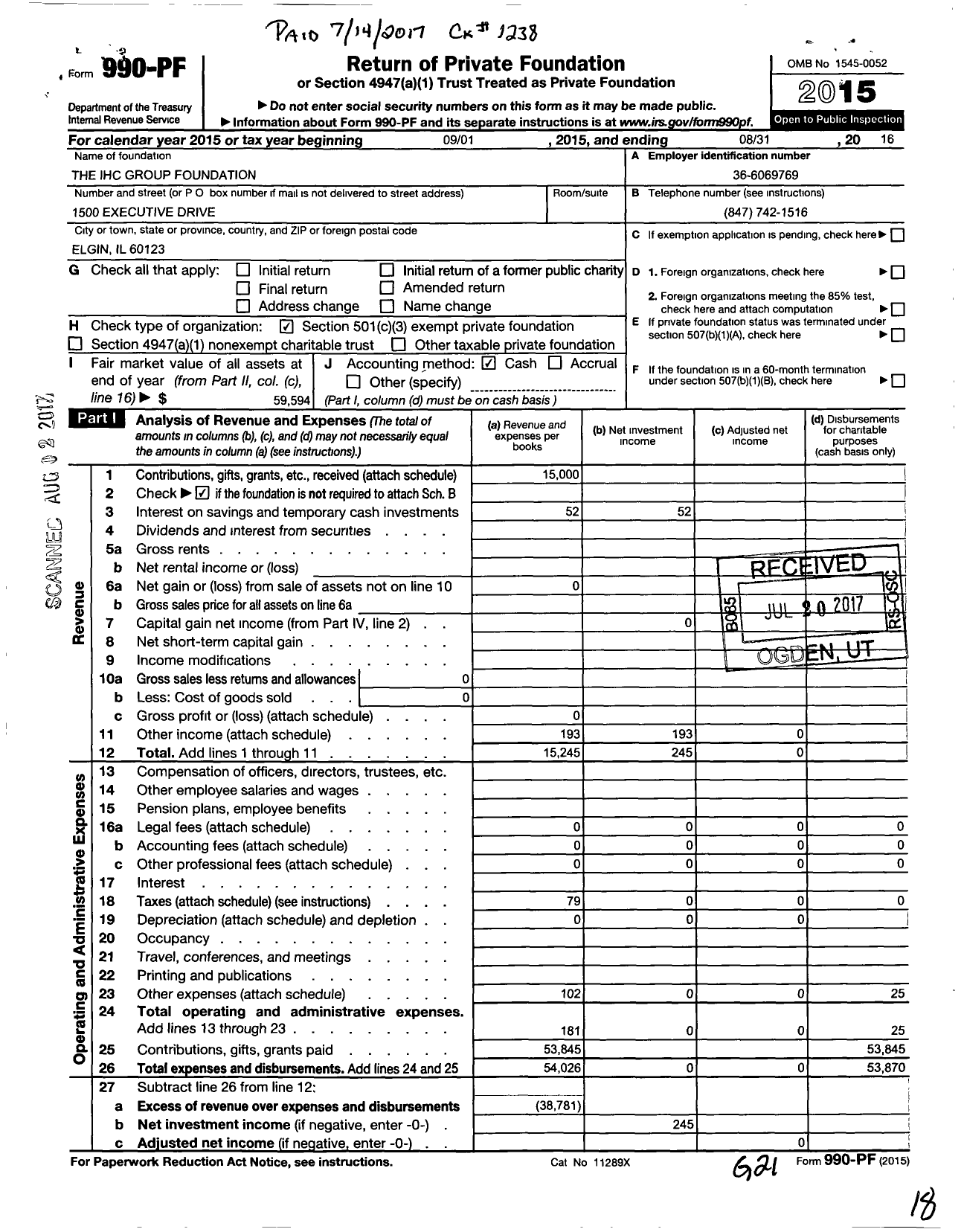 Image of first page of 2015 Form 990PF for The IHC Group Foundation