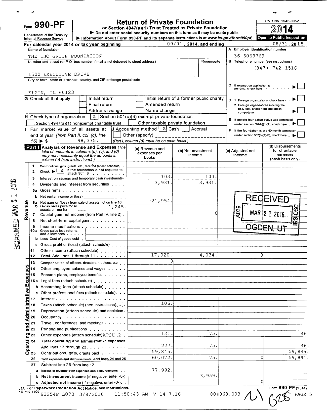 Image of first page of 2014 Form 990PF for The IHC Group Foundation