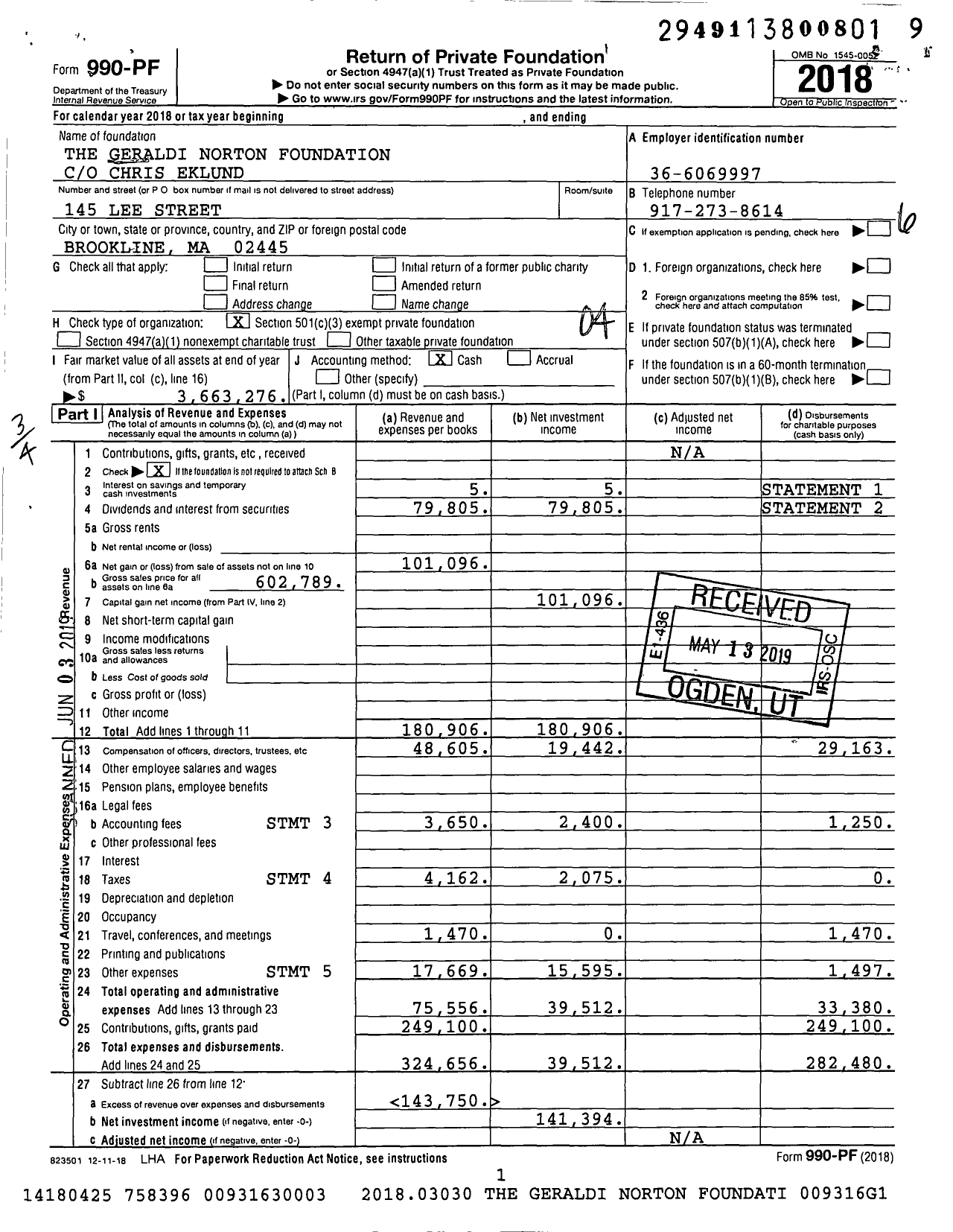 Image of first page of 2018 Form 990PF for The Geraldi Norton Foundation