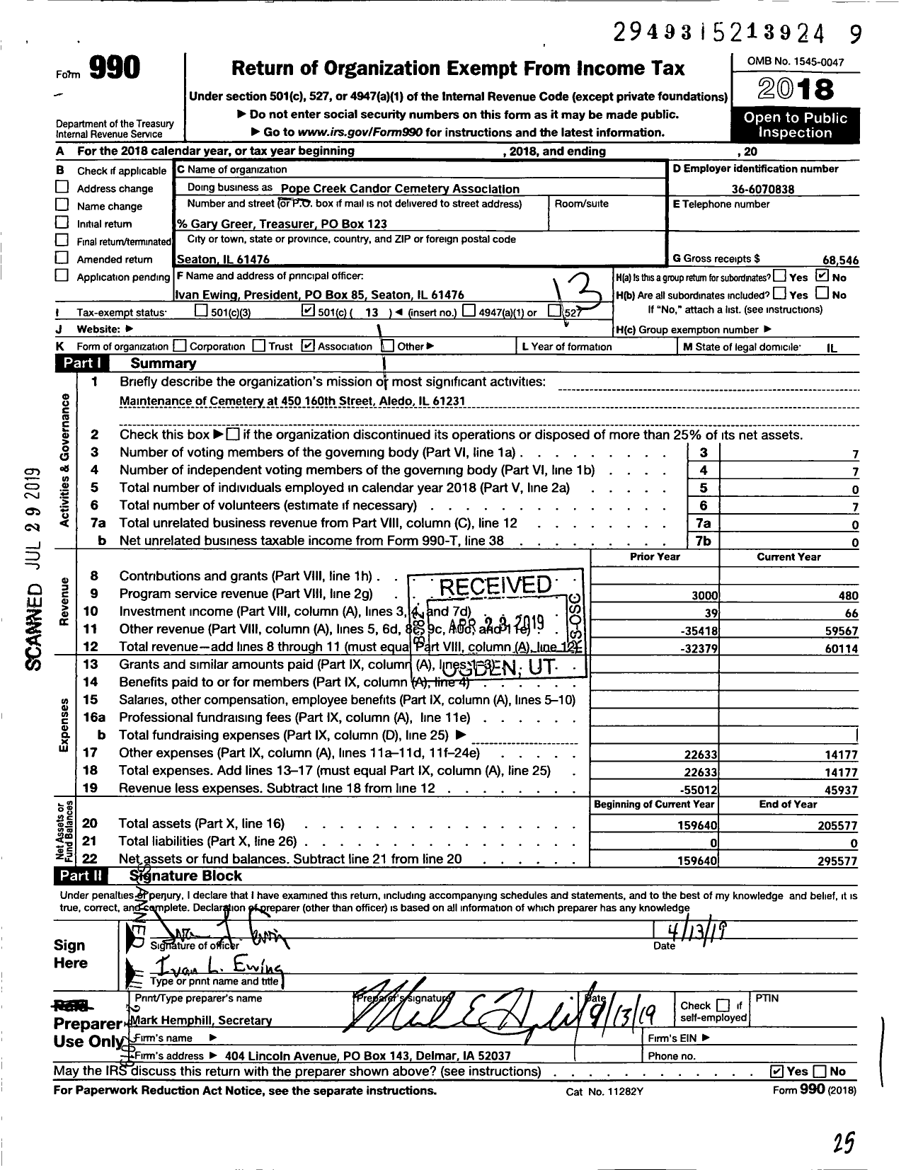 Image of first page of 2018 Form 990O for Pope Creek Cemetery