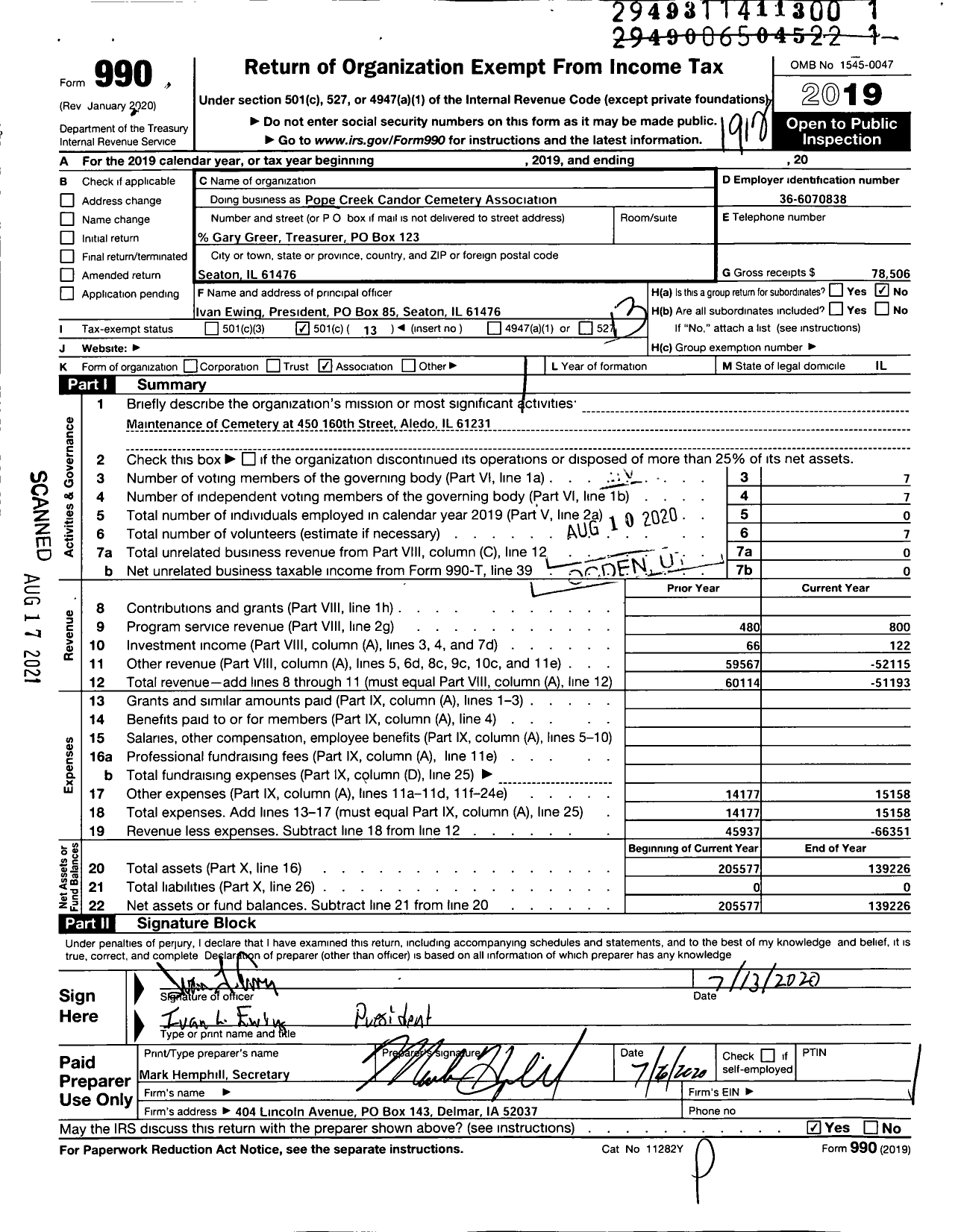Image of first page of 2019 Form 990O for Pope Creek Cemetery