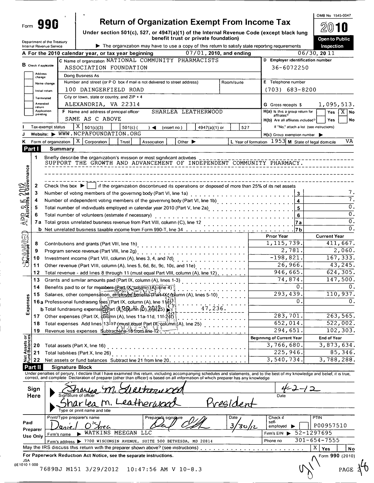 Image of first page of 2010 Form 990 for National Community Pharmacists Association Foundation
