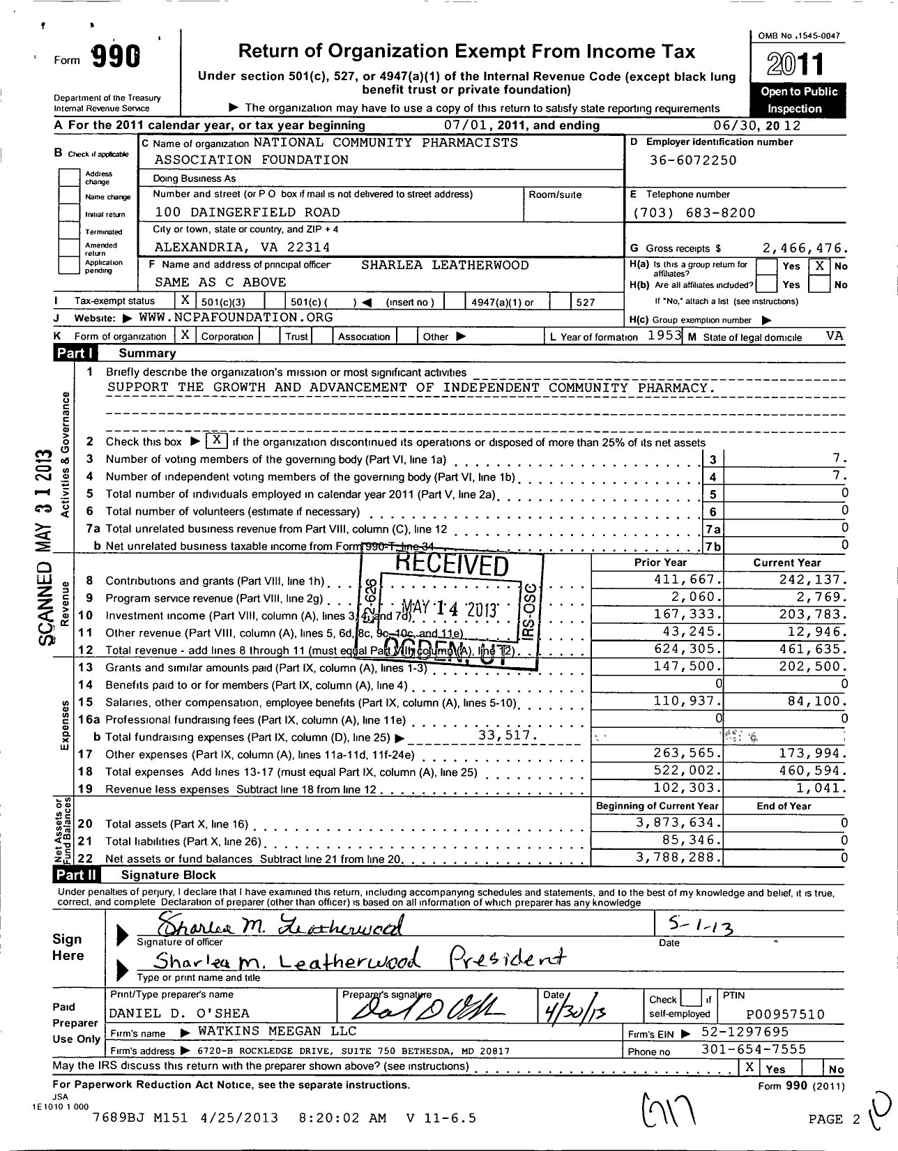 Image of first page of 2011 Form 990 for National Community Pharmacists Association Foundation