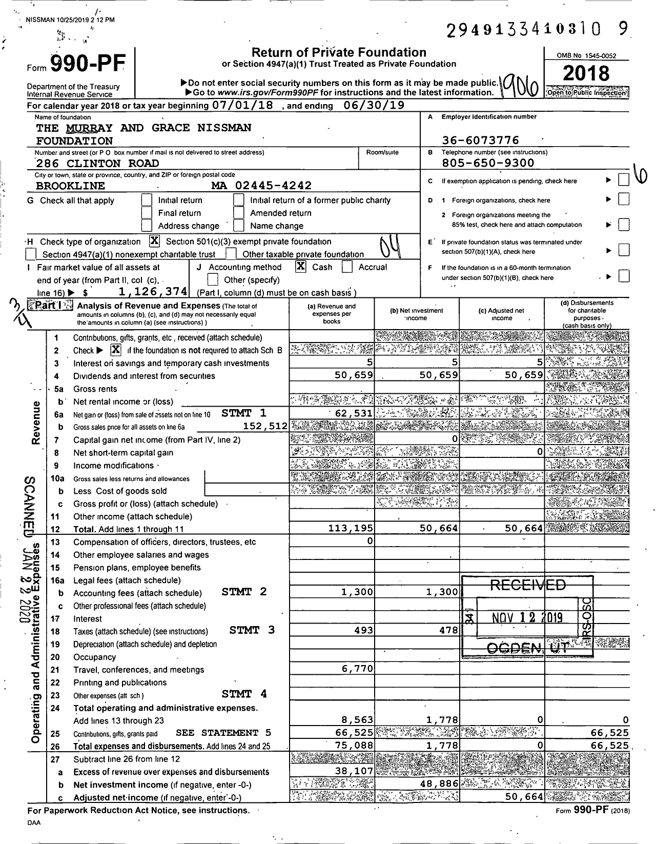 Image of first page of 2018 Form 990PF for The Murray and Grace Nissman Foundation